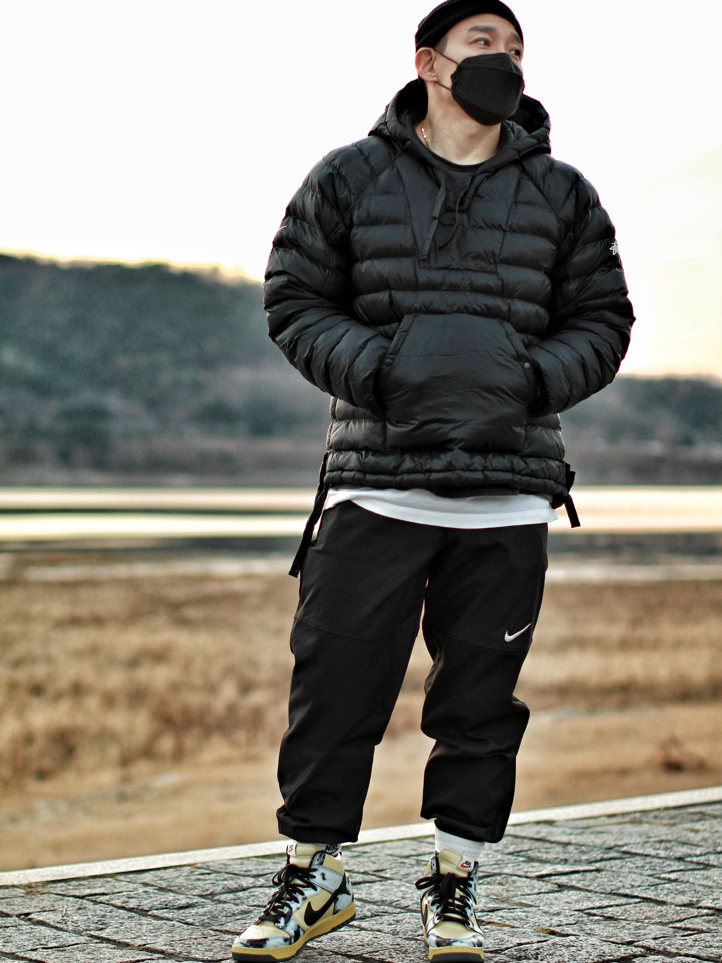 Nike Dunk High 1985 SP Black Acid Wash, Nike x Stussy Insultd Jacket Black - US/EU 착용 스타일 - 1