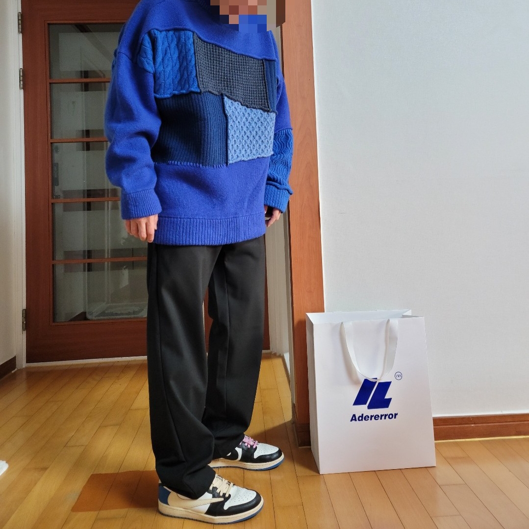 Zara x Ader Error Patchwork Oversize Sweater Blue, Jordan 1 x Travis Scott x Fragment Retro Low OG SP Military Blue 착용 스타일