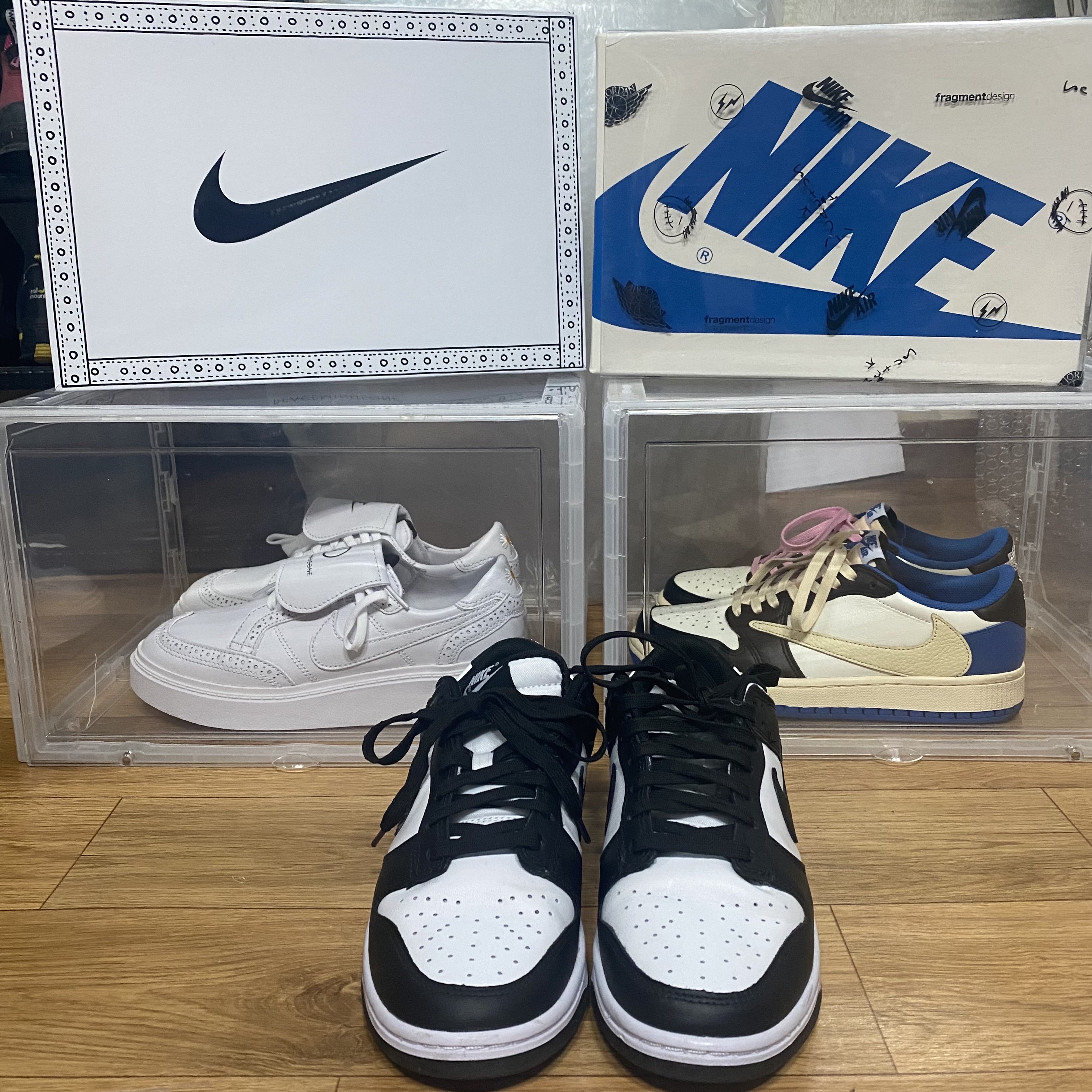 Nike x Peaceminusone Kwondo1 White, Jordan 1 x Travis Scott x Fragment Retro Low OG SP Military Blue 착용 스타일
