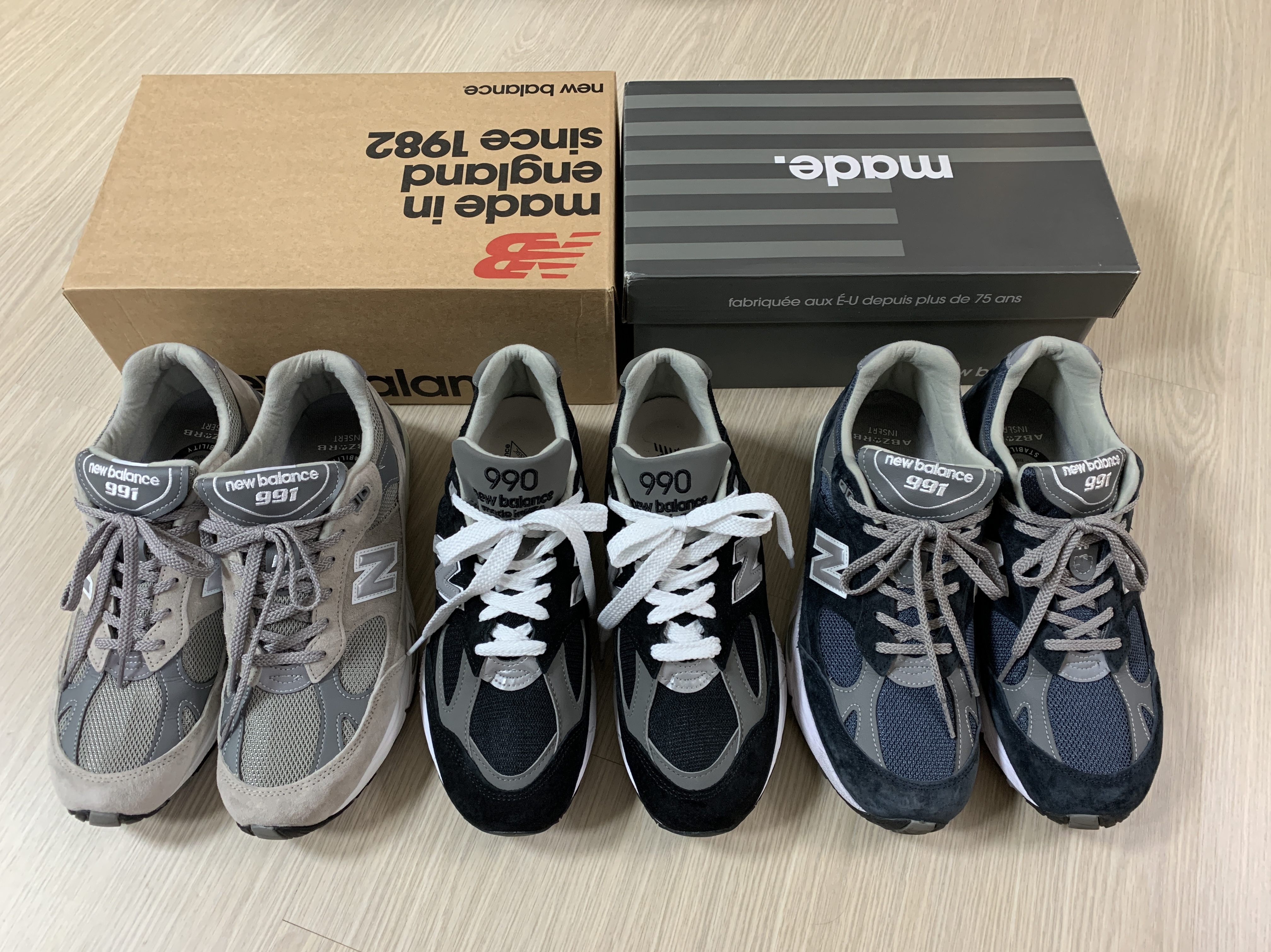 New Balance 991 Made in UK Grey, New Balance 990v2 Made in USA Black 착용 스타일 - 1