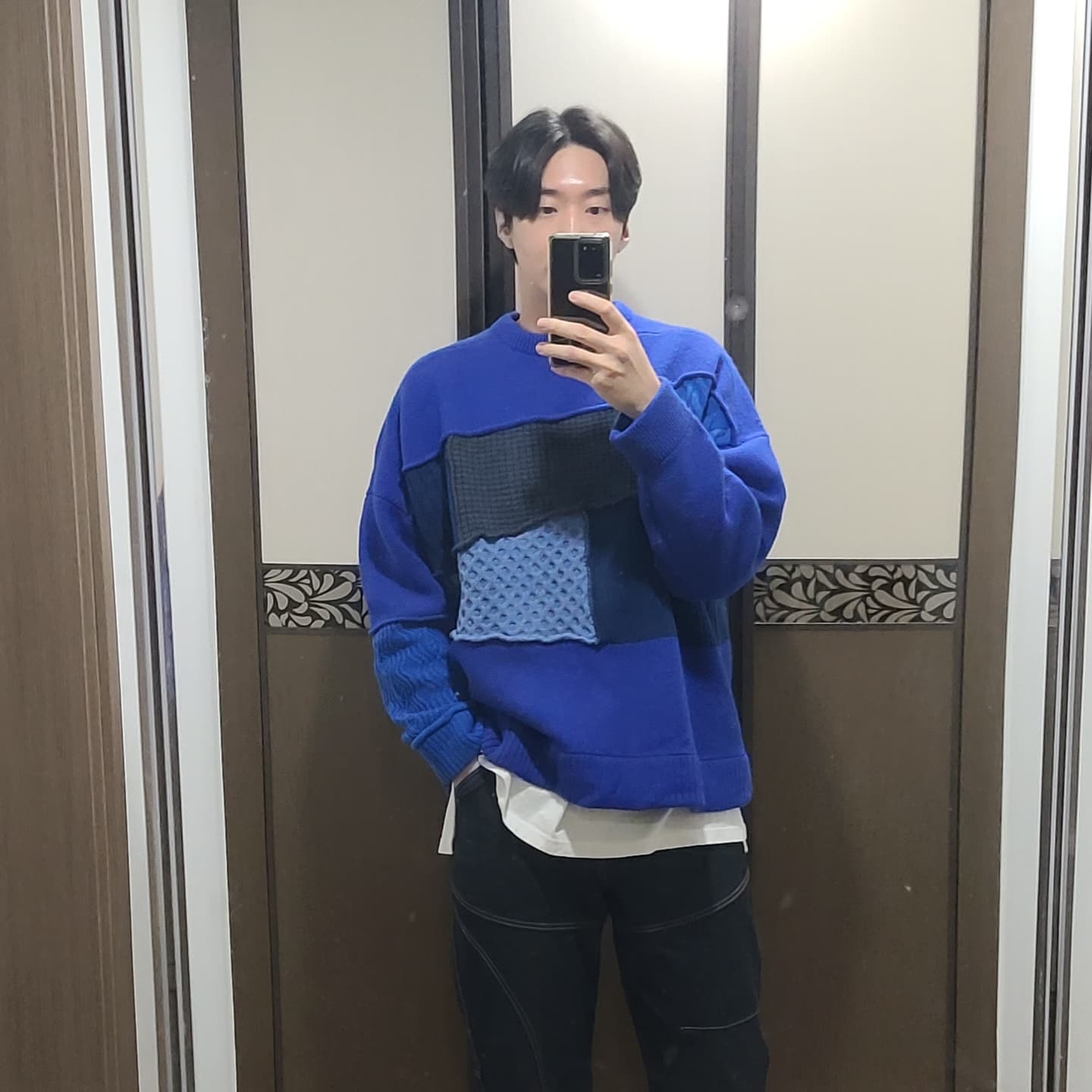 Zara x Ader Error Patchwork Oversize Sweater Blue 착용 스타일