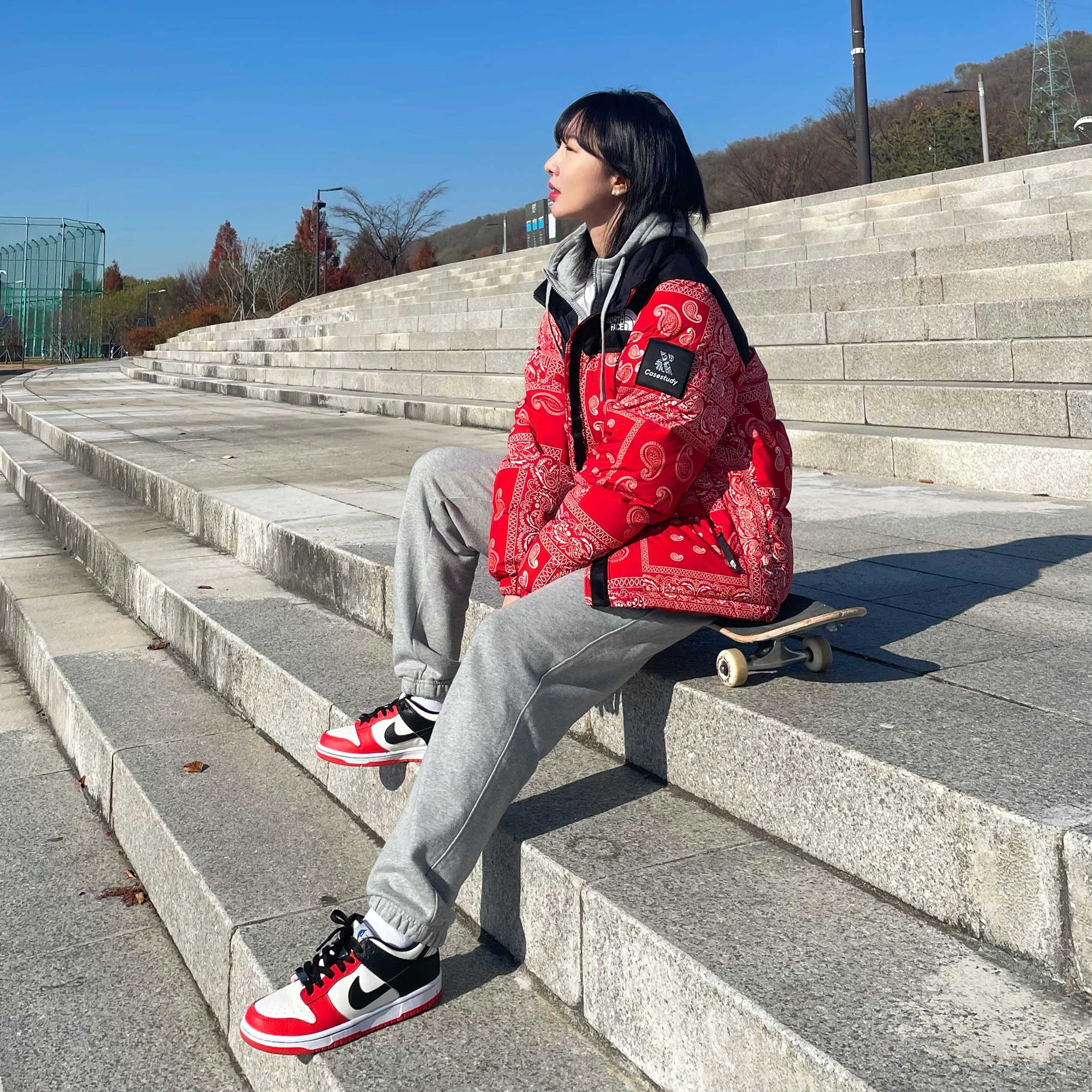The North Face Nuptse Down Jacket Red, (GS) Nike x NBA Dunk Low Black and Chile Red 착용 스타일