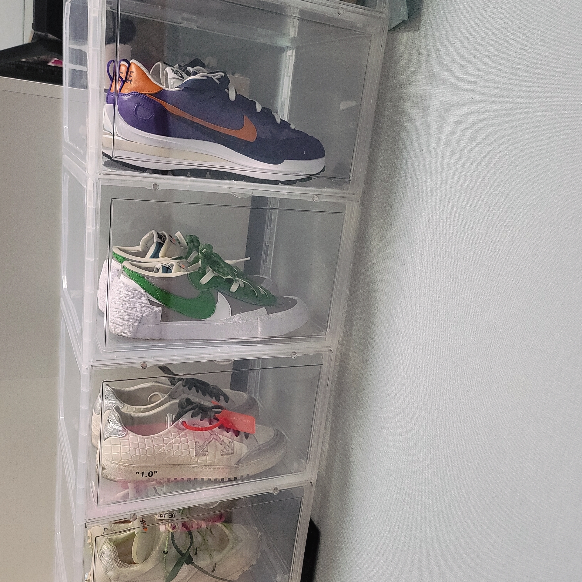Nike x Sacai VaporWaffle Dark Iris, Nike x Sacai Blazer Low Classic Green 착용 스타일