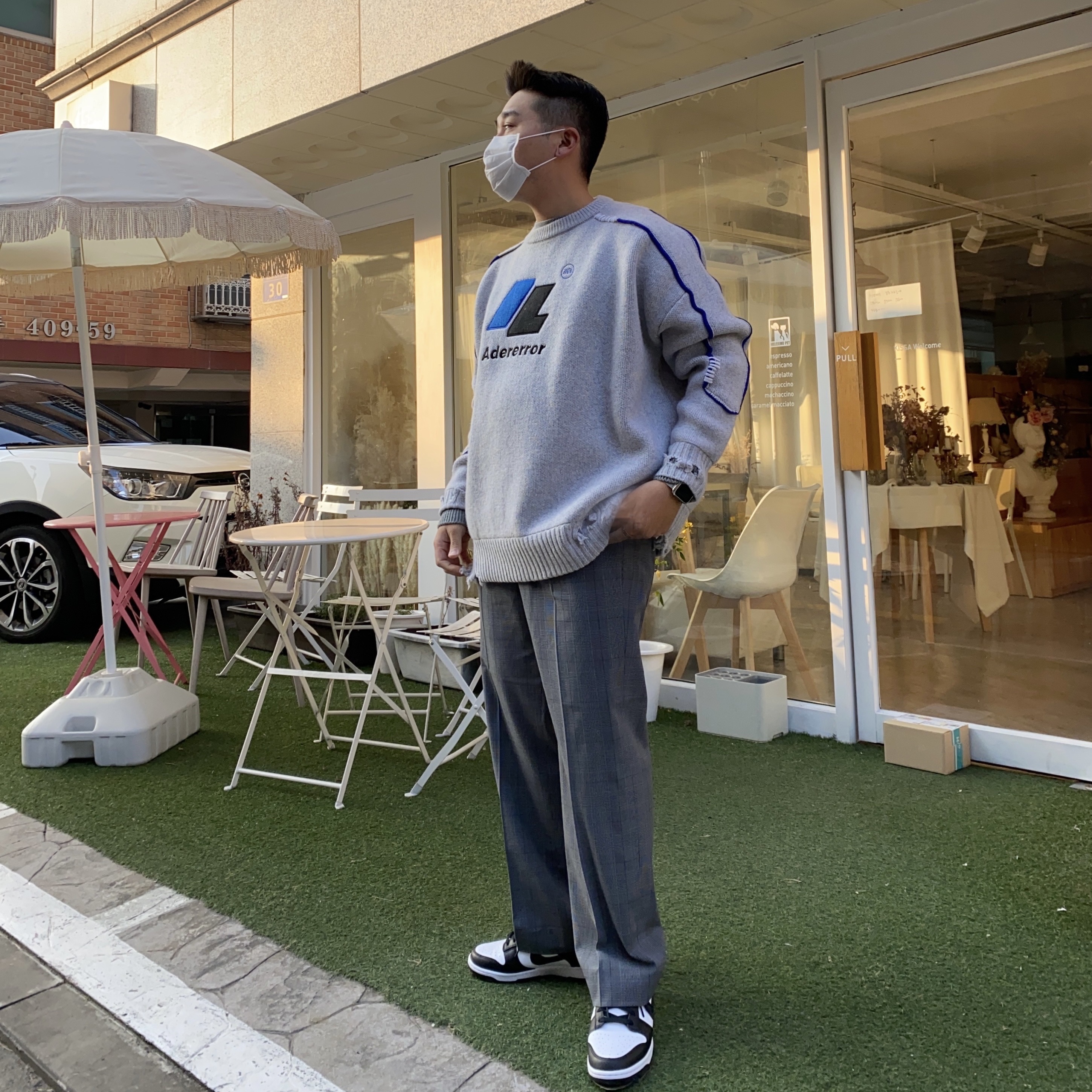 Zara x Ader Error Oversize Sweater Grey, Nike Dunk Low Retro Black 착용 스타일 - 2