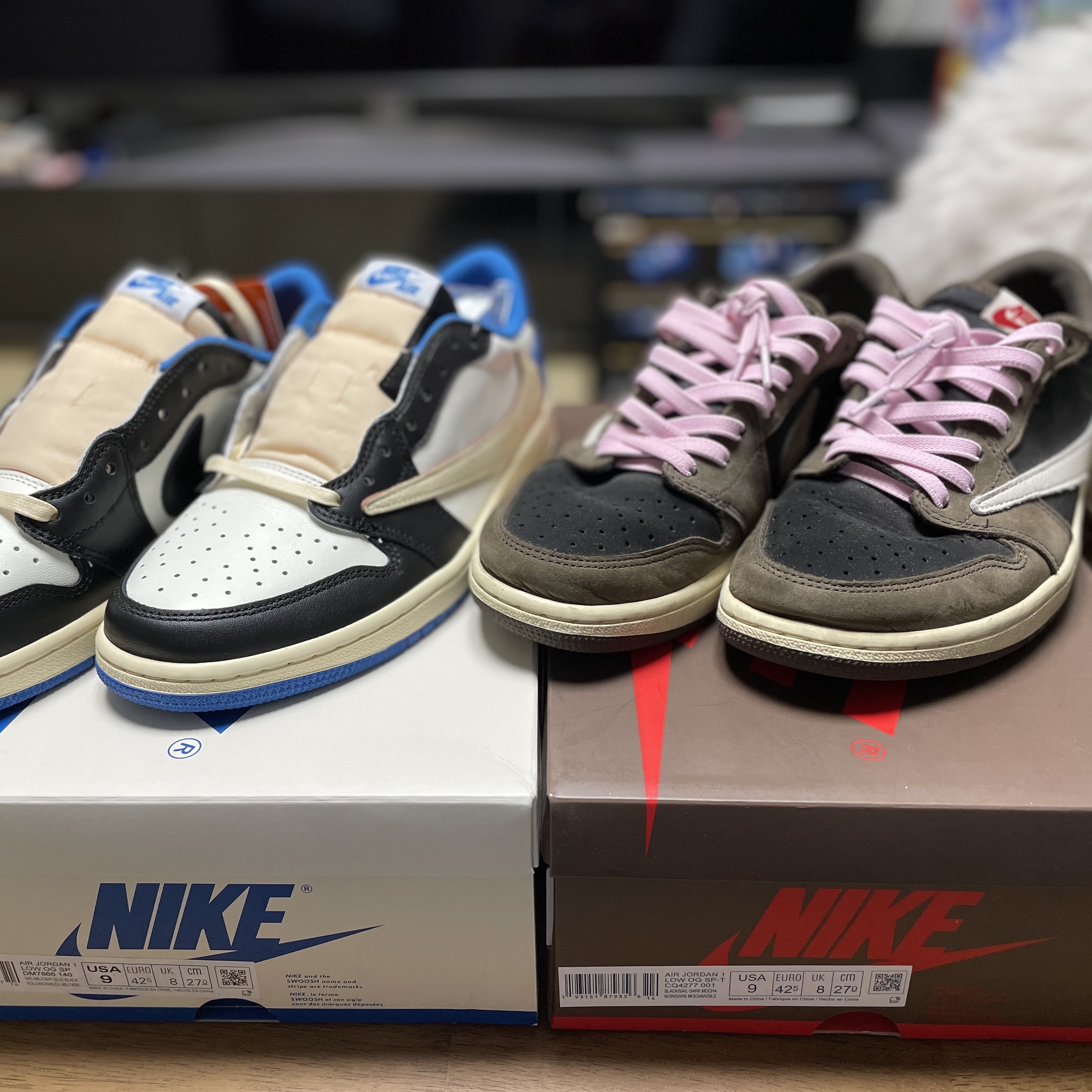 Jordan 1 x Travis Scott x Fragment Retro Low OG SP Military Blue, Jordan 1 x Travis Scott Retro Low OG SP Mocha 착용 스타일