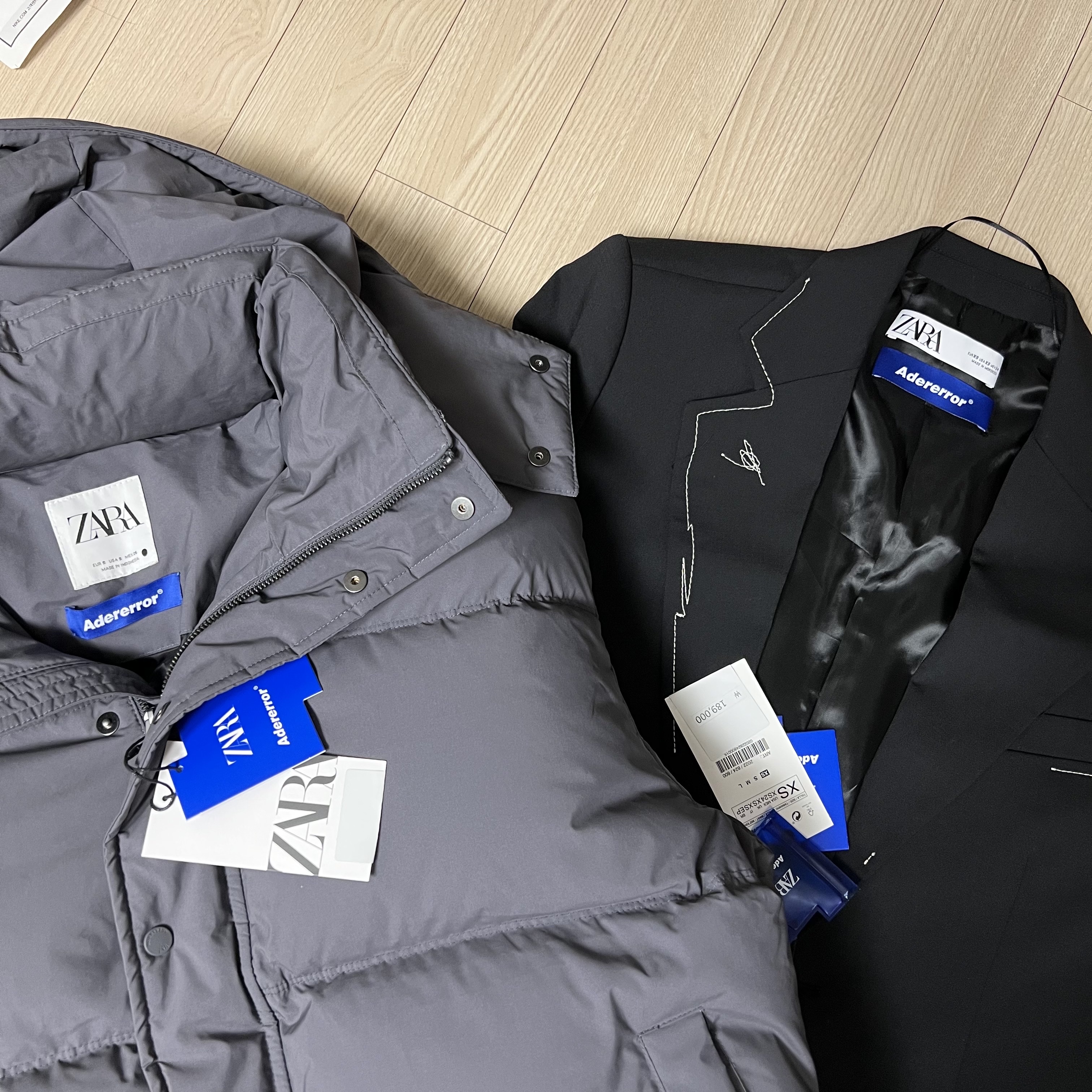 Zara x Ader Error Puffer Jacket Black, Zara x Ader Error Oversize Sweatshirt Grey 착용 스타일 - 3
