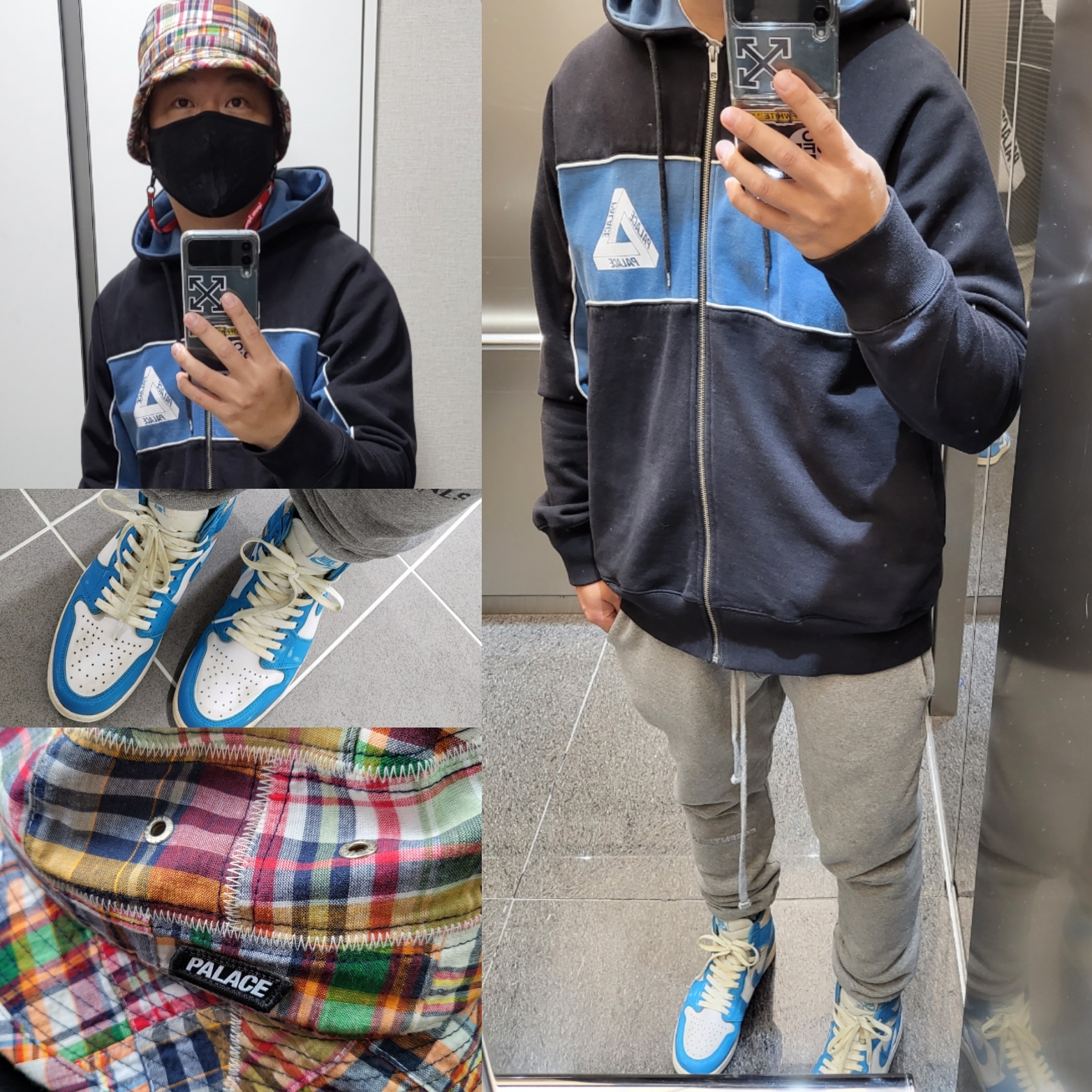 Jordan 1 Retro UNC, Palace Mad Rass Bucket Madras - 20SS 착용 스타일