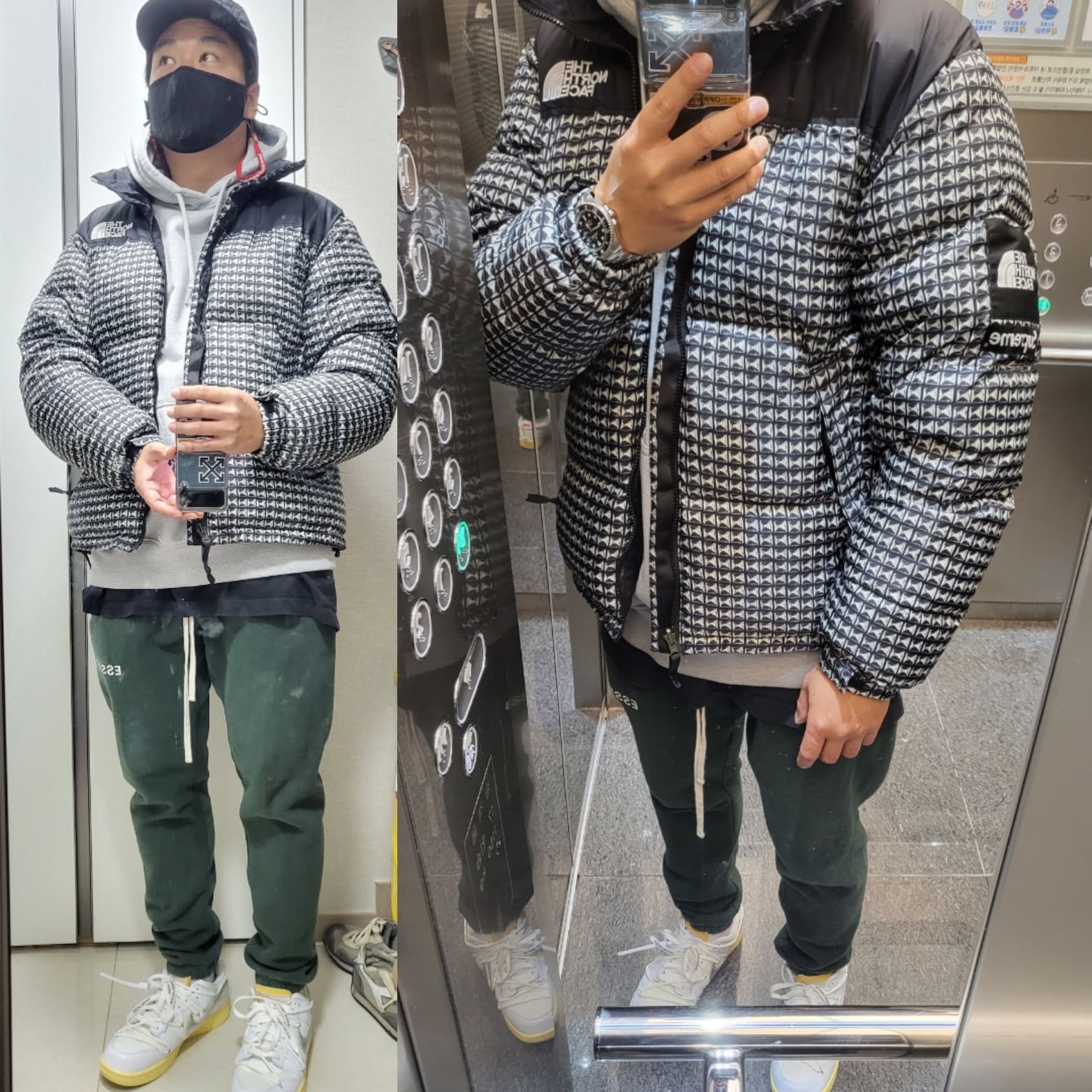 Nike x Off-White Dunk Low The 50 - Lot 1, Supreme x The North Face Studded Nuptse Jacket Black - 21SS 착용 스타일
