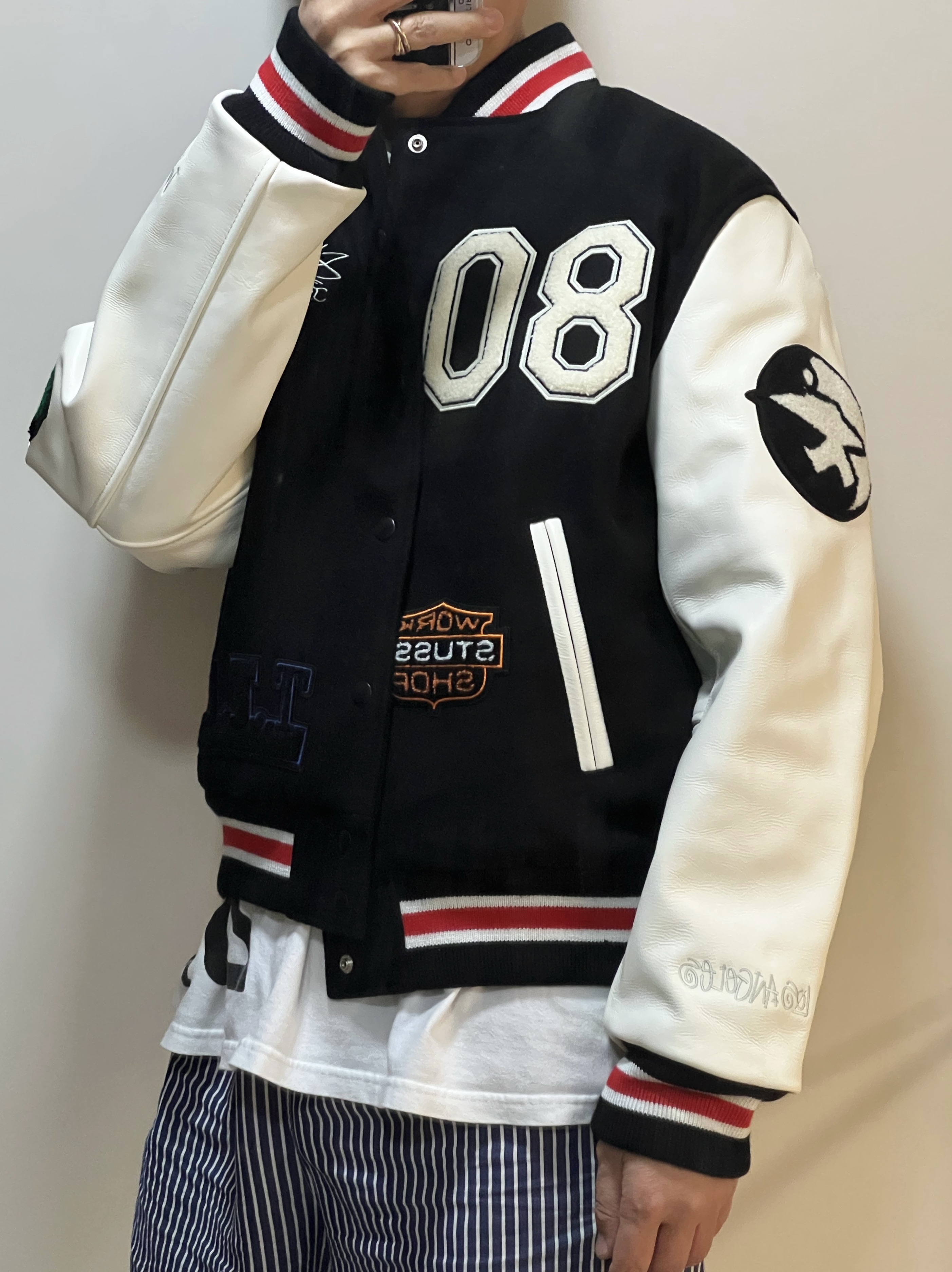 Stussy x Our Legacy x Denim Tears TTL Varsity Jacket Black 착용 스타일 - 2