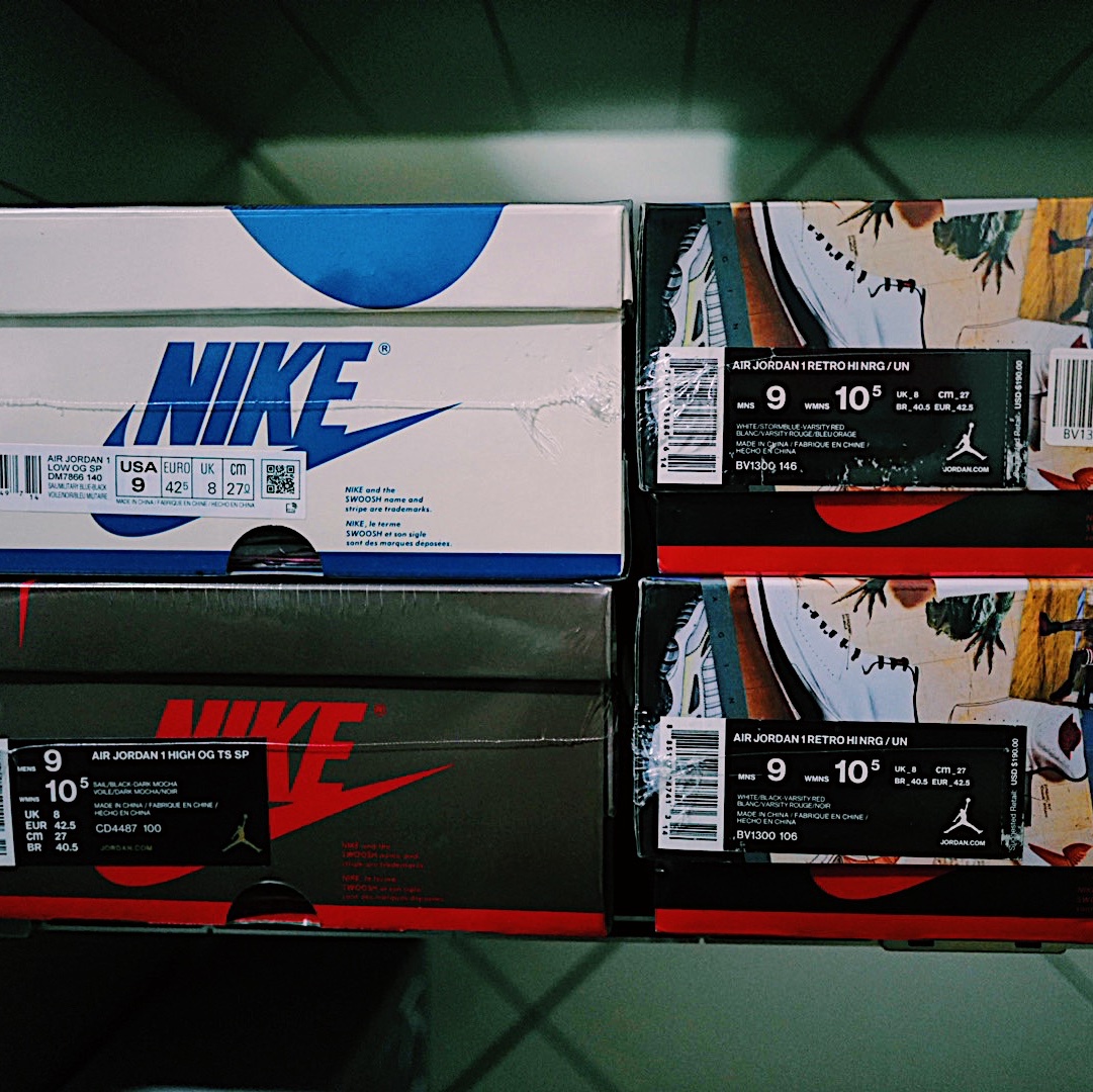 Jordan 1 x Travis Scott x Fragment Retro Low OG SP Military Blue, Jordan 1 x Travis Scott Retro High OG SP Mocha 착용 스타일