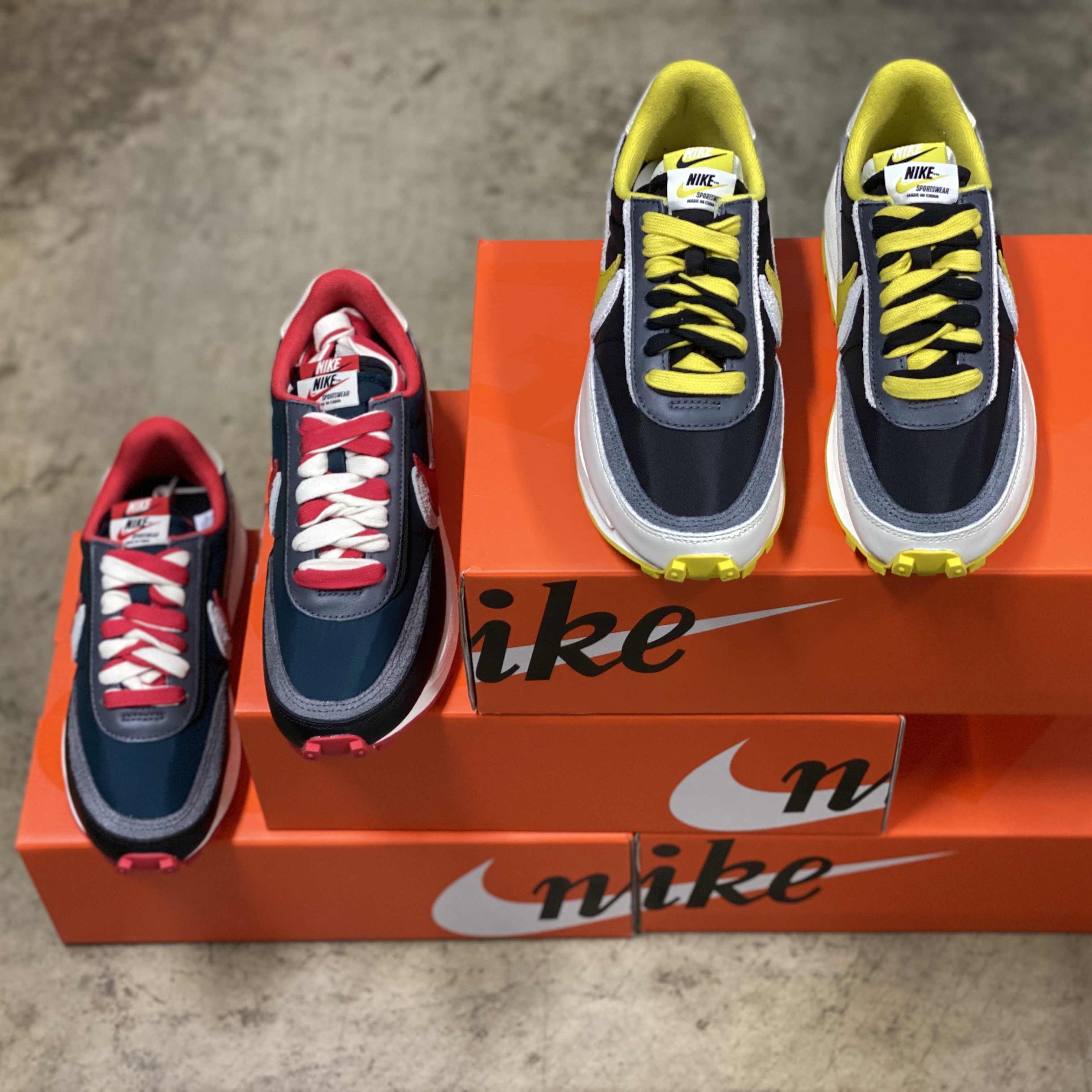 Nike x Sacai x Undercover LDWaffle Black Bright Citron, Nike x Sacai x Undercover LDWaffle Midnight Spruce University Red 착용 스타일
