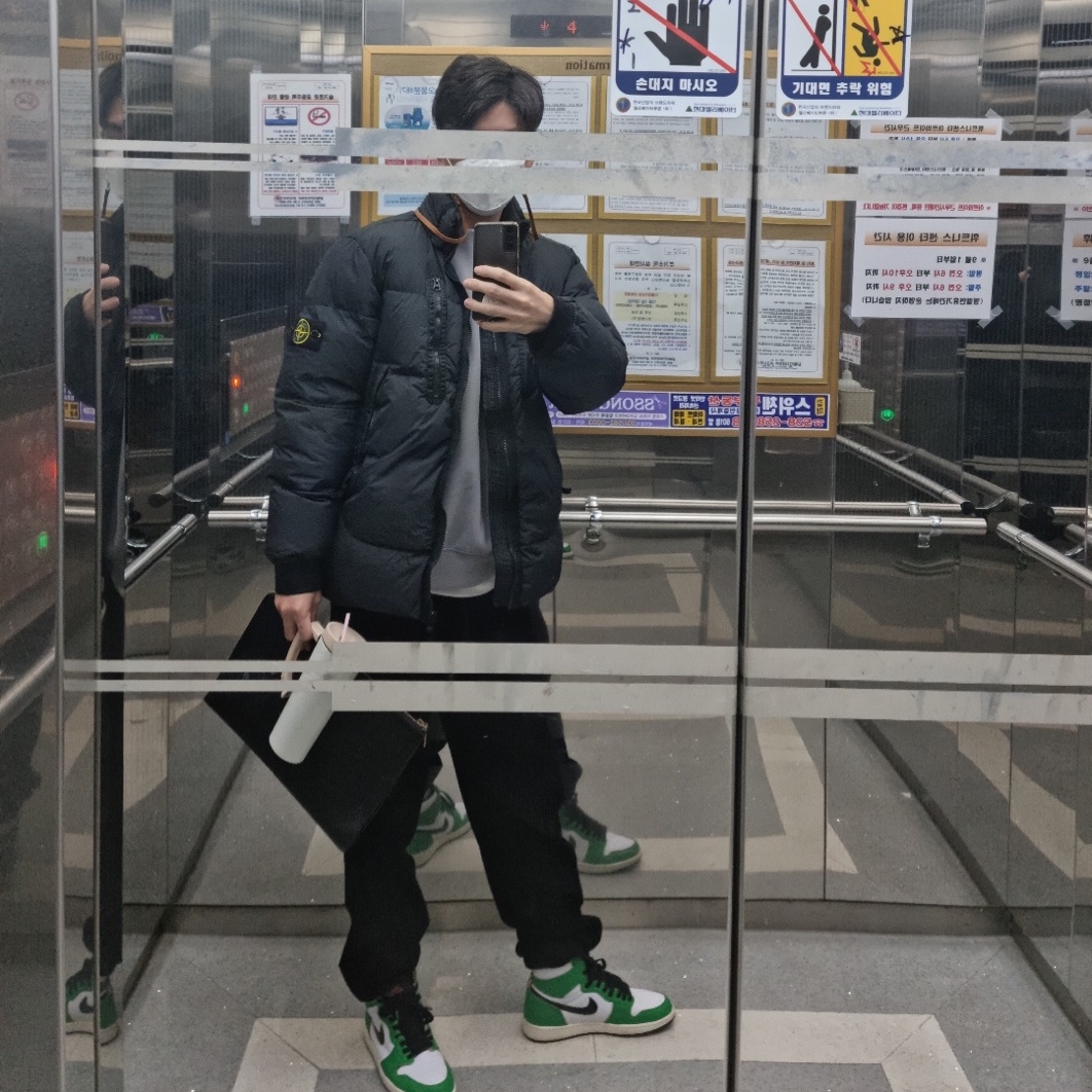 (W) Jordan 1 Retro High OG Lucky Green, Stone Island 40223 Garment Dyed Crinkle Reps Down Jacket Black - 21FW 착용 스타일