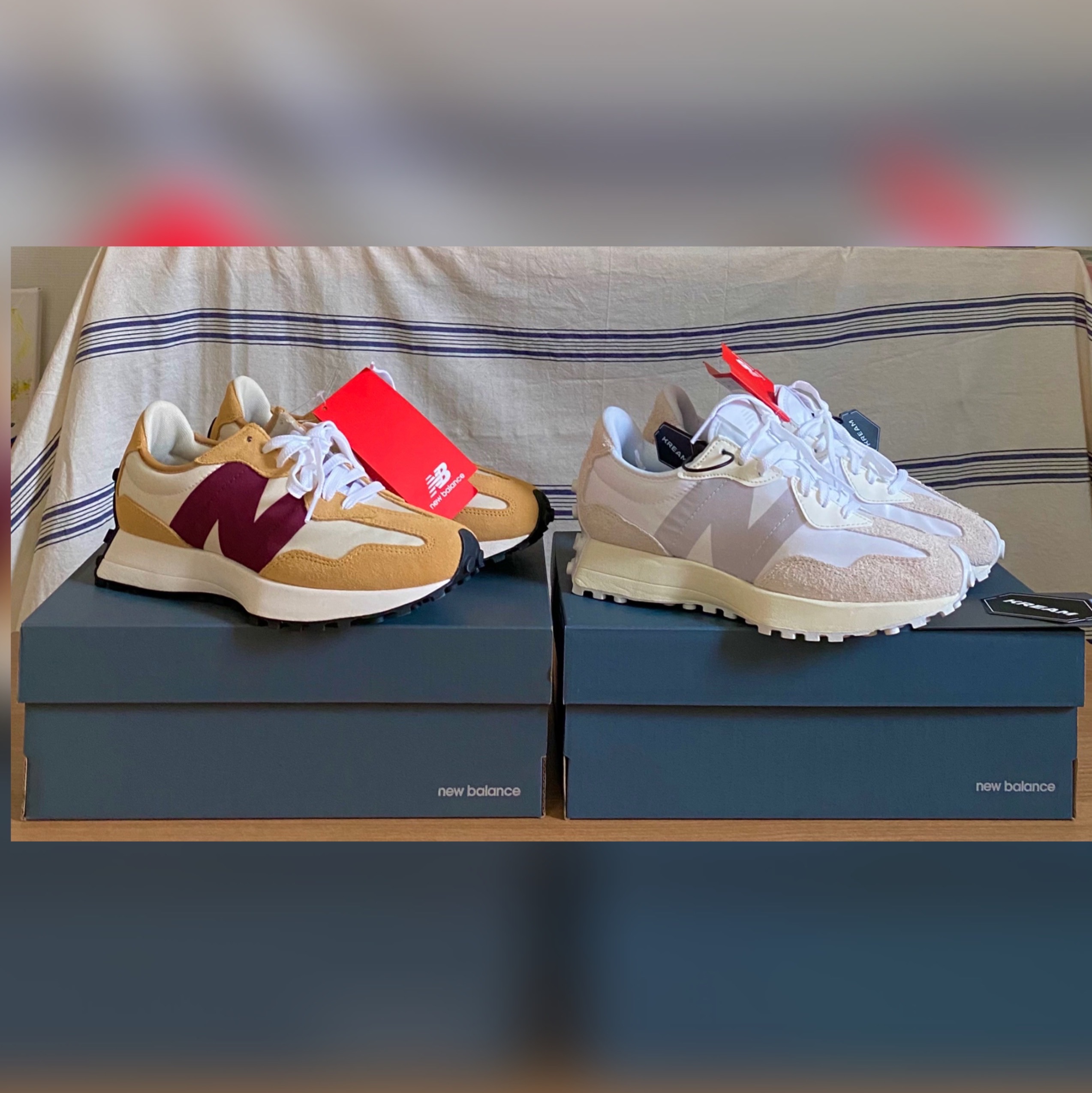 (W) New Balance 327 White Moonbeam, New Balance 327 Moonbeam Ghost Pepper 착용 스타일