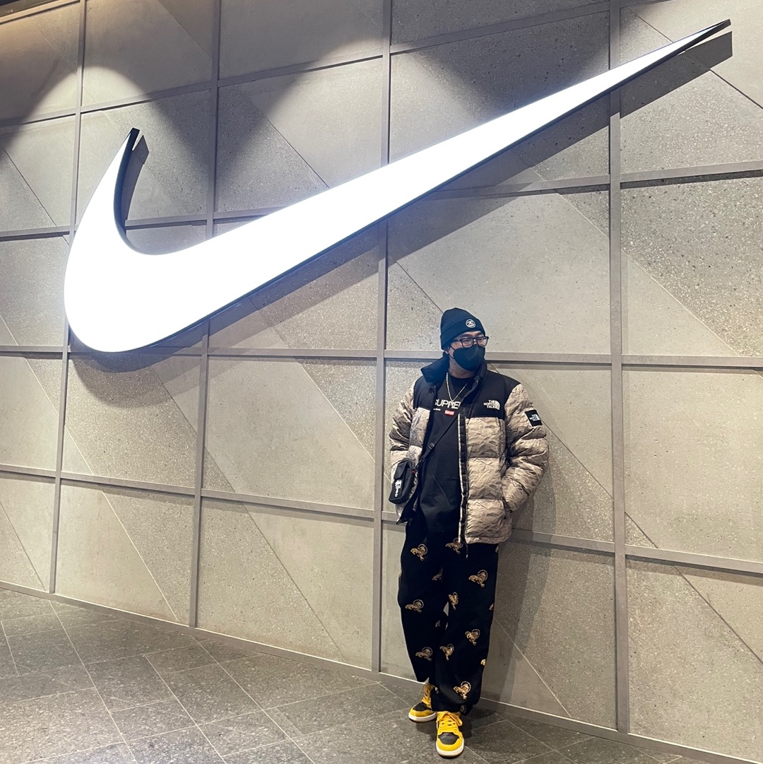 Jordan 1 Retro High OG Pollen, The North Face White Label Novelty Nuptse Down Jacket Beige 착용 스타일 - 2