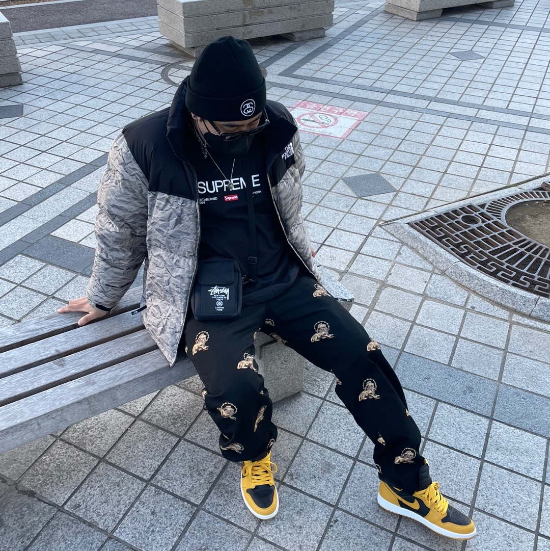 Jordan 1 Retro High OG Pollen, The North Face White Label Novelty Nuptse Down Jacket Beige 착용 스타일 - 1