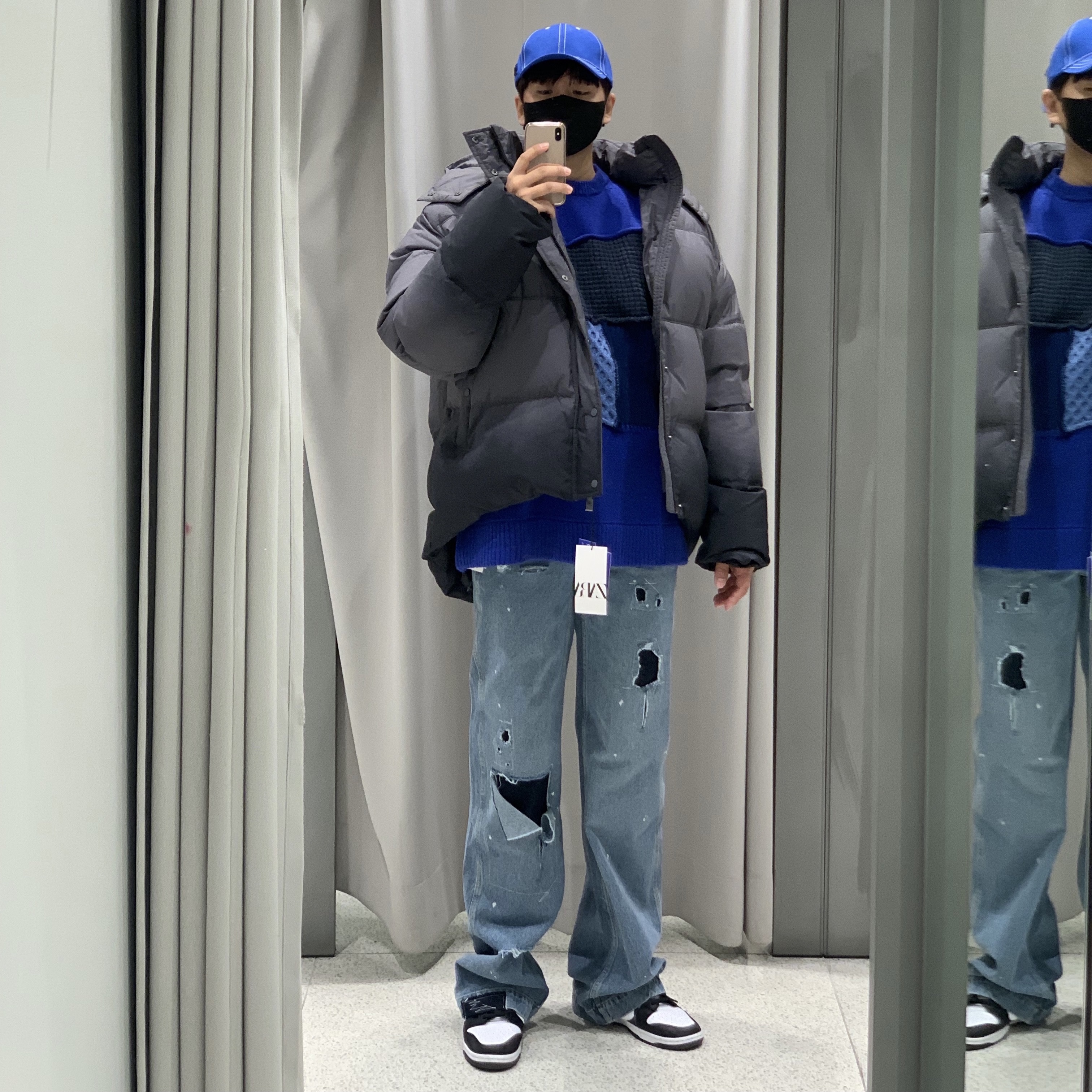 Zara x Ader Error Puffer Jacket Grey, Zara x Ader Error Patchwork Jeans Blue 착용 스타일