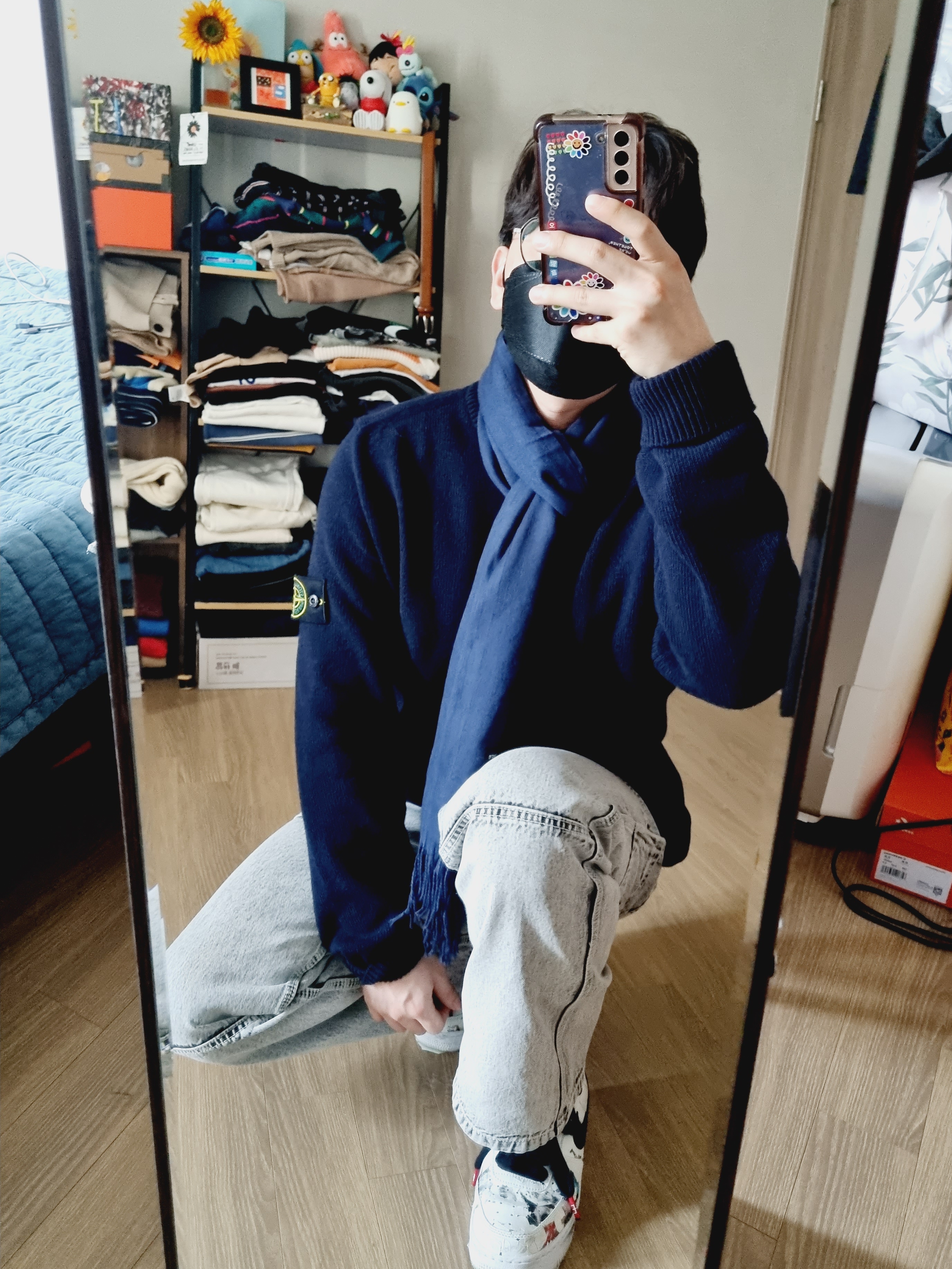Nike x Peaceminusone Air Force 1 Low Para-Noise 2.0, Stone Island 535A3 Lambswool Sweater Navy Blue - 21FW 착용 스타일 - 3
