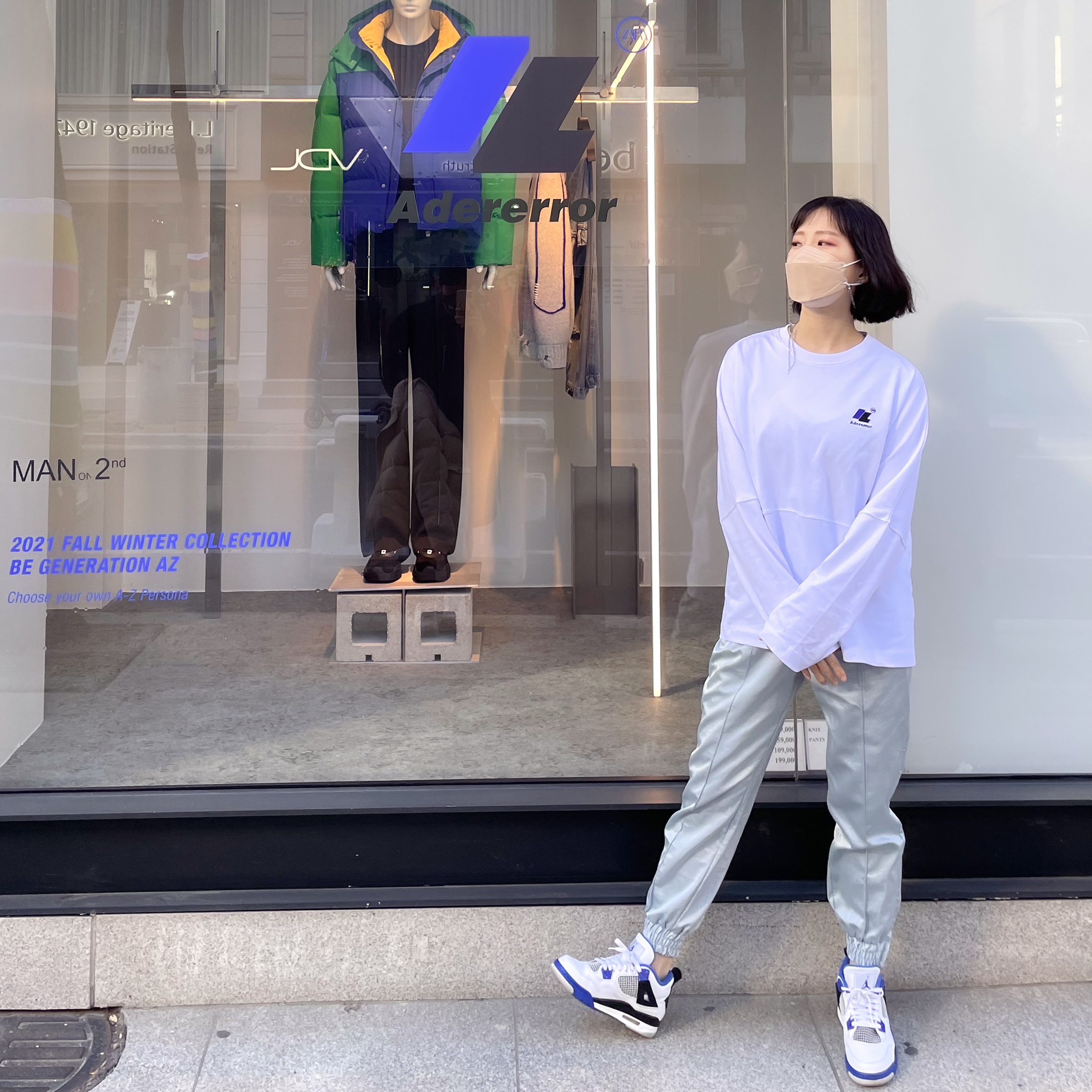 Jordan 4 Retro Motorsports 2017, Zara x Ader Error Premium Cotton Long Sleeve T-Shirt White 착용 스타일 - 1
