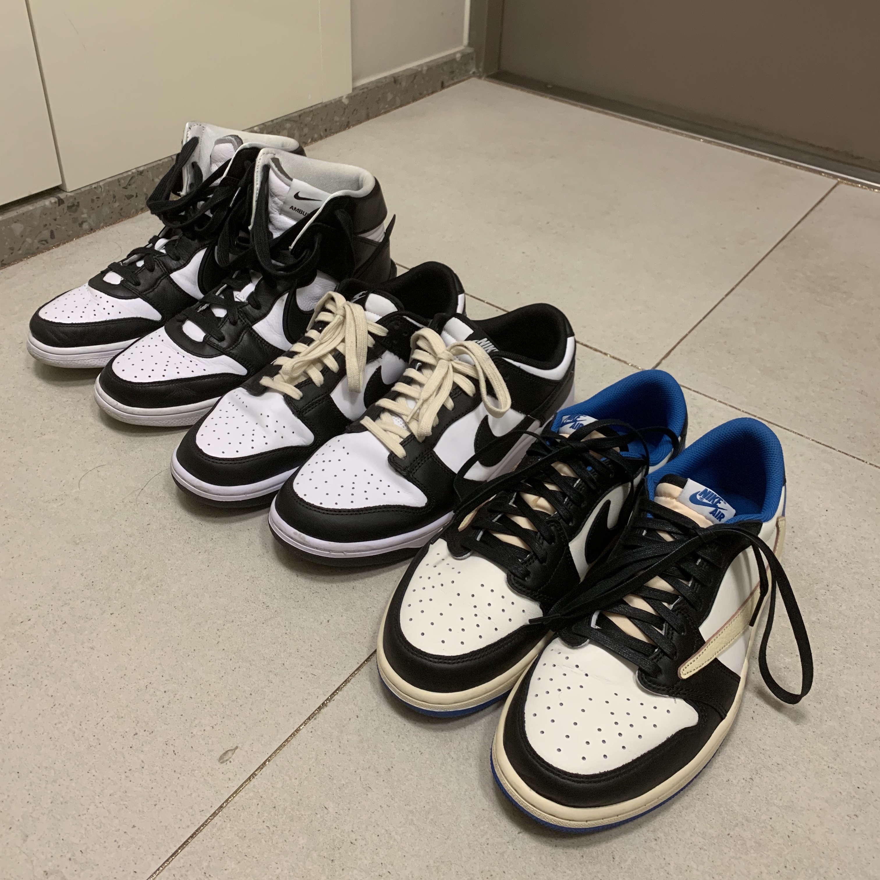 Jordan 1 x Travis Scott x Fragment Retro Low OG SP Military Blue, Nike Dunk Low Retro Black 착용 스타일