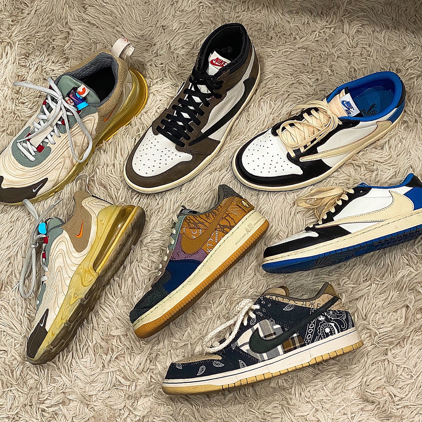 Jordan 1 x Travis Scott x Fragment Retro Low OG SP Military Blue, Jordan 1 x Travis Scott Retro High OG SP Mocha 착용 스타일