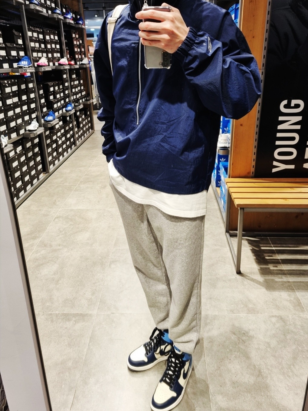 Nike x Kim Jones Reversible Wind Breaker Navy - US/EU, Jordan 1 Retro High Obsidian UNC 착용 스타일