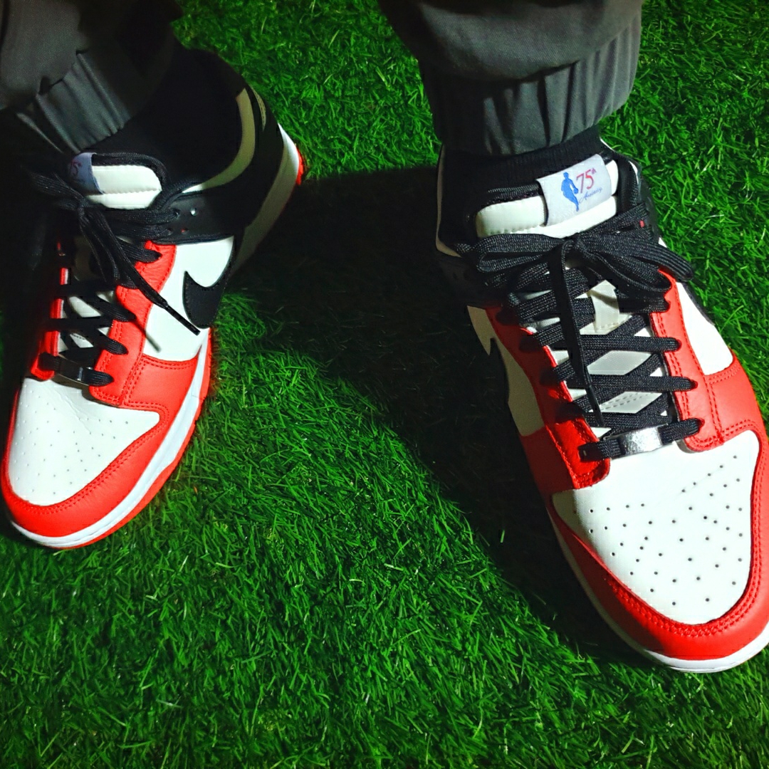 Nike x NBA Dunk Low Retro EMB Black and Chile Red 착용 스타일 - 4
