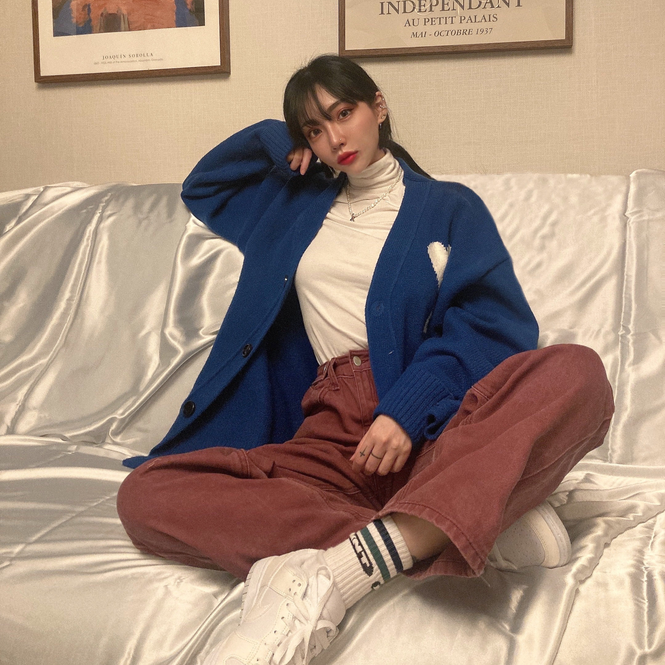 (W) Nike Dunk Low Next Nature Sail, AMI de Coeur Oversize Intarsia Cardigan Royal Blue - 21FW 착용 스타일
