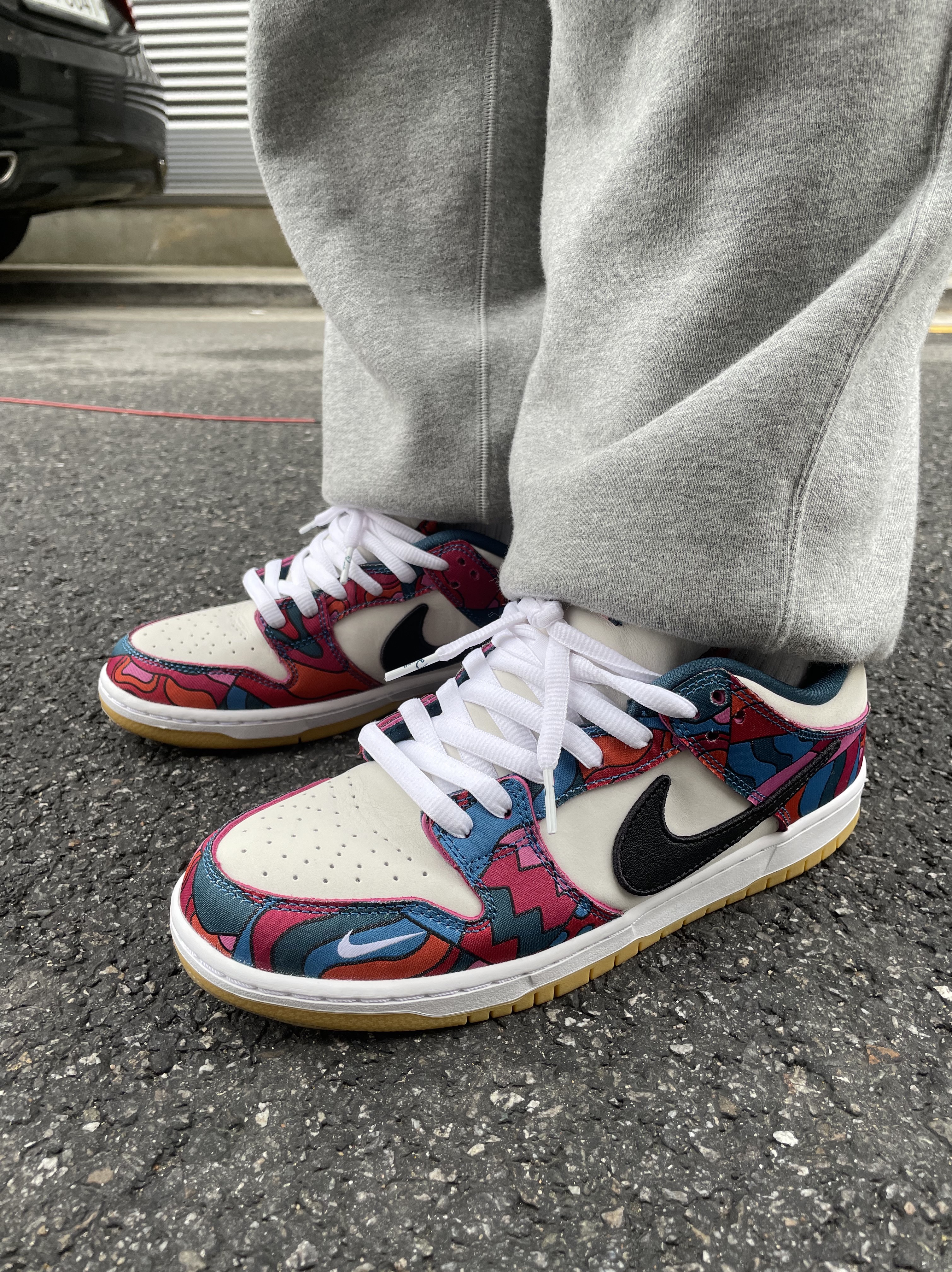 Nike x Parra SB Dunk Low Pro Abstract Art, Nike x Stussy NRG BR Fleece Pants Grey 착용 스타일
