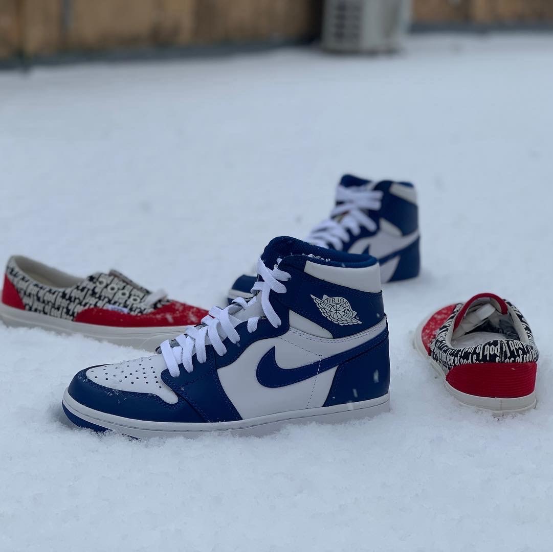 Jordan 1 Retro Storm Blue, Vans Vault x Fear of God OG Era 95 DX Red 착용 스타일 - 1