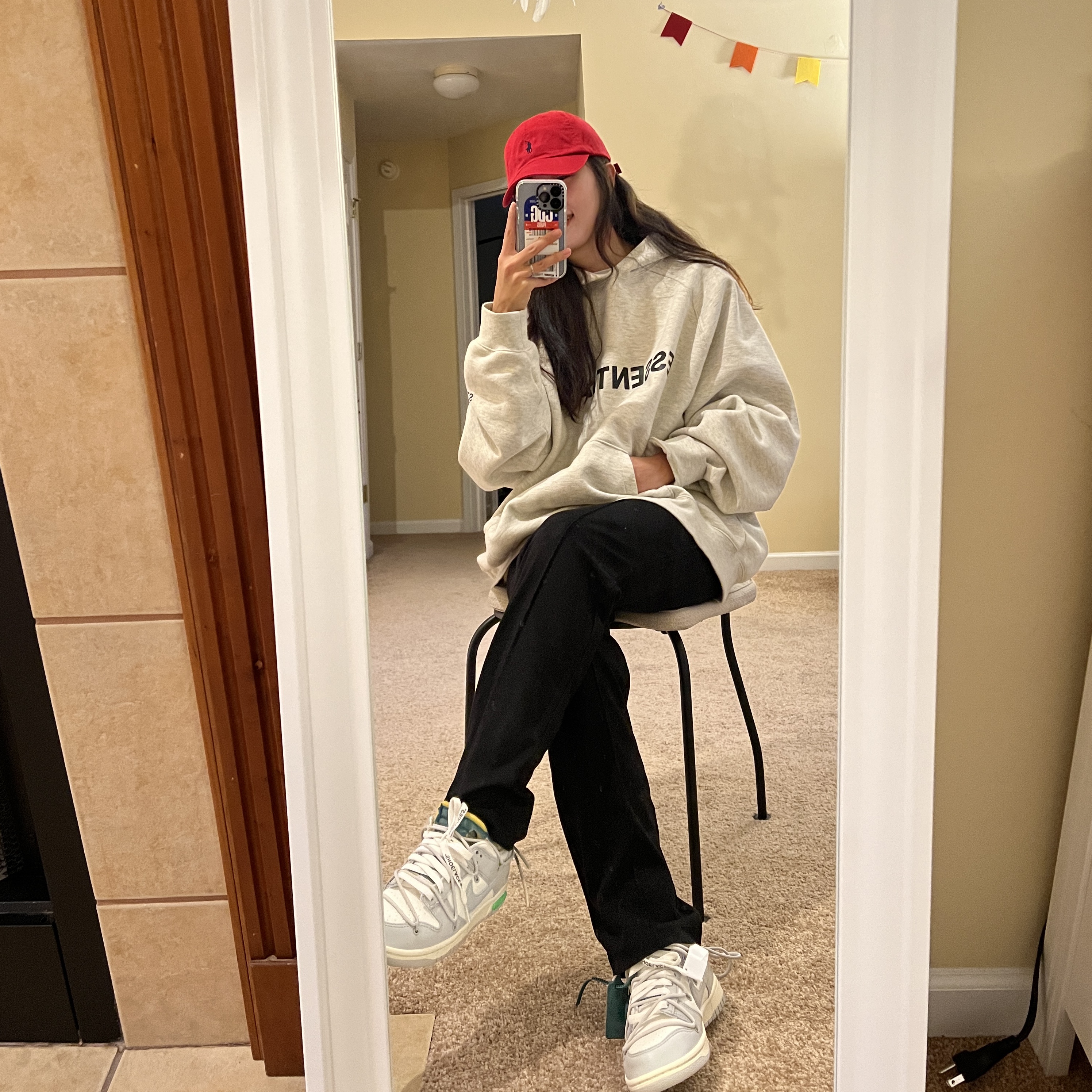 Nike x Off-White Dunk Low The 50 - Lot 42, Essentials 3D Silicon Applique Pullover Hoodie Oatmeal/Oatmeal Heather/Light Heather Oatmeal 2020 착용 스타일