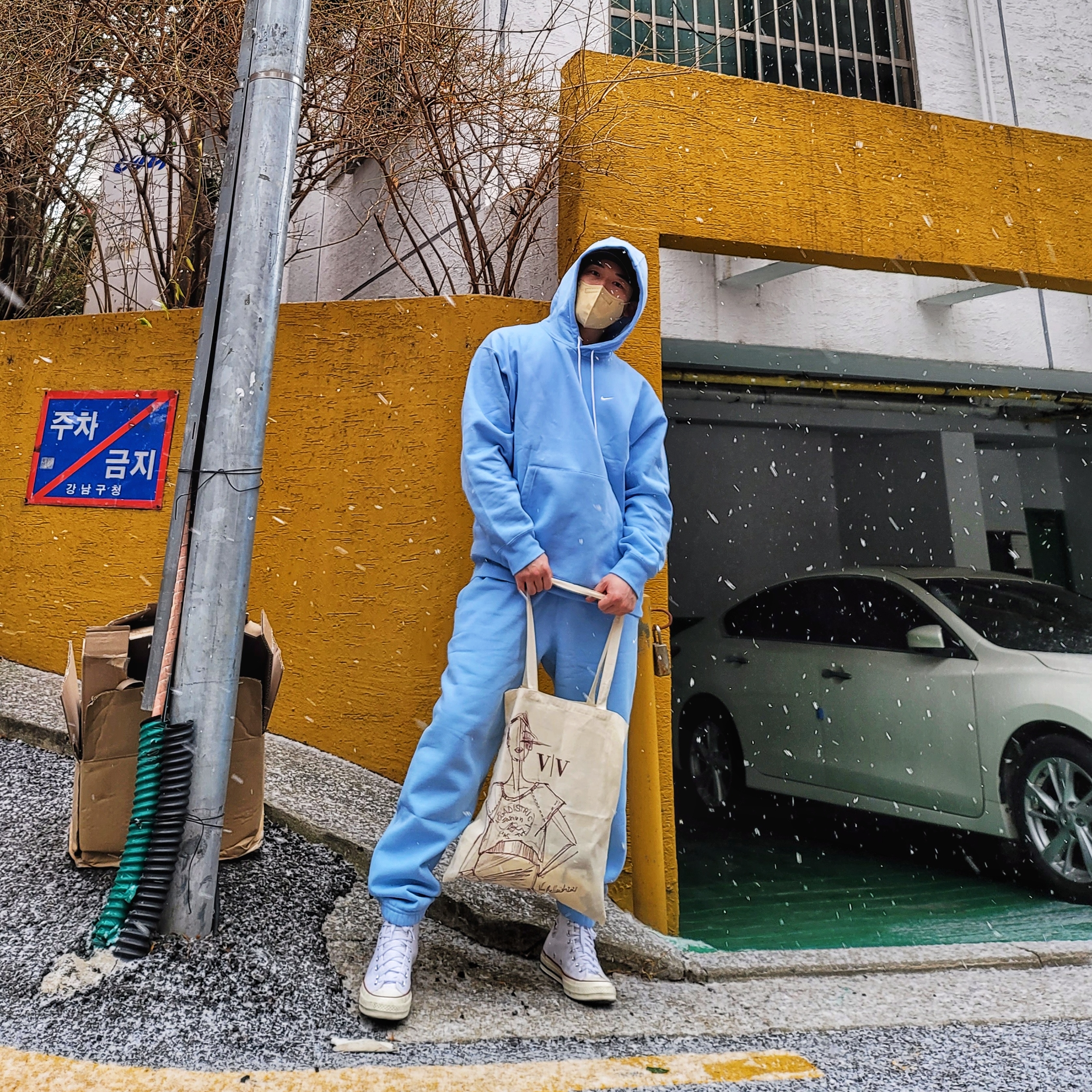 Nike NRG Solo Swoosh Fleece Hoodie Psychic Blue - US/EU, Nike NRG Solo Swoosh Fleece Pants Psychic Blue - US/EU 착용 스타일