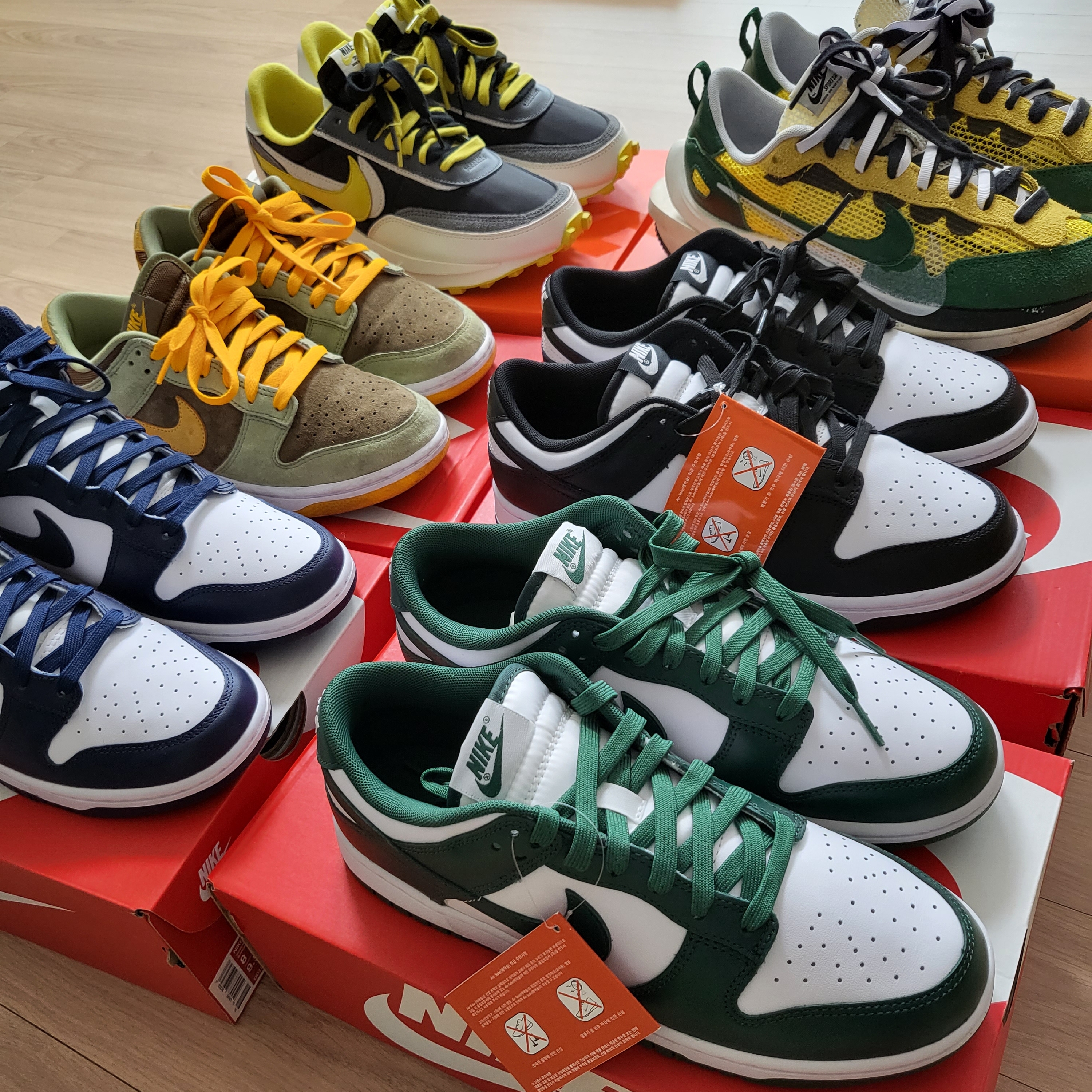 Nike x Sacai x Undercover LDWaffle Black Bright Citron, Nike x Sacai VaporWaffle Tour Yellow & Gorge Green Sail 착용 스타일