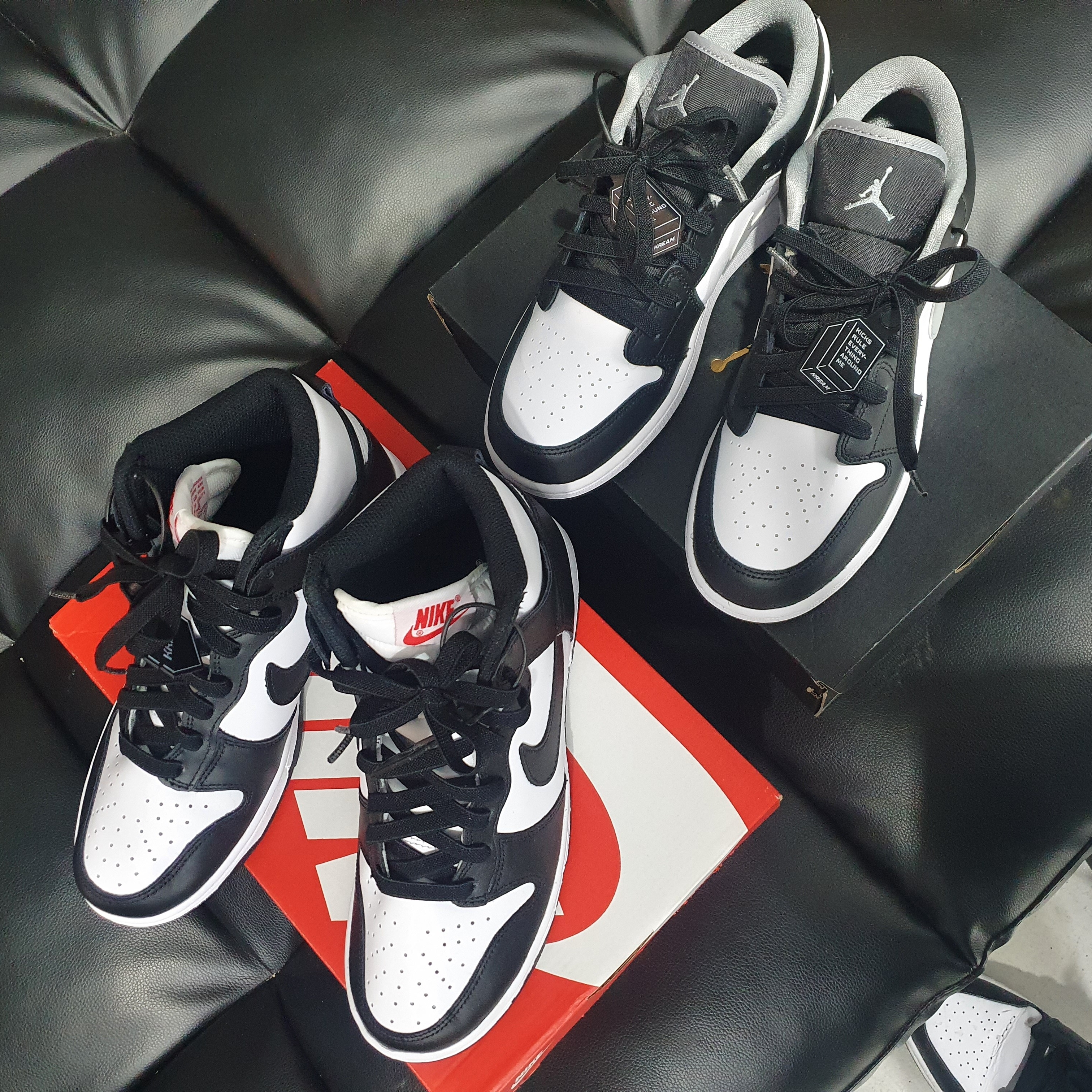 (W) Nike Dunk High Black and White, Jordan 1 Low Black Particle Grey 착용 스타일
