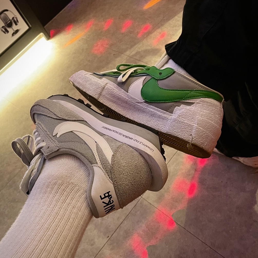 Nike x Sacai x Fragment LDWaffle Light Smoke Grey, Nike x Sacai Blazer Low Classic Green 착용 스타일