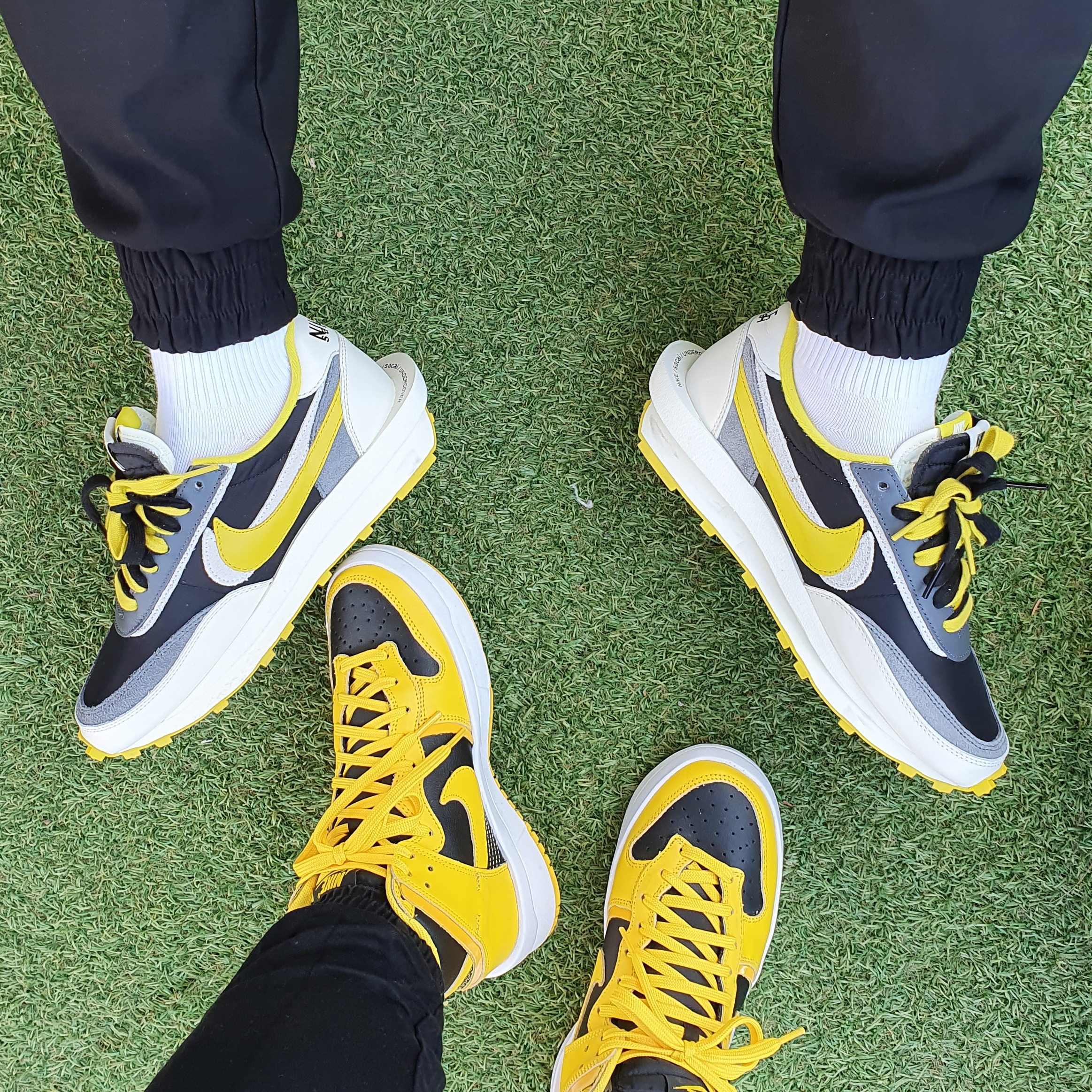 Nike x Sacai x Undercover LDWaffle Black Bright Citron, (W) Nike Dunk High Up Black and Varsity Maize 착용 스타일