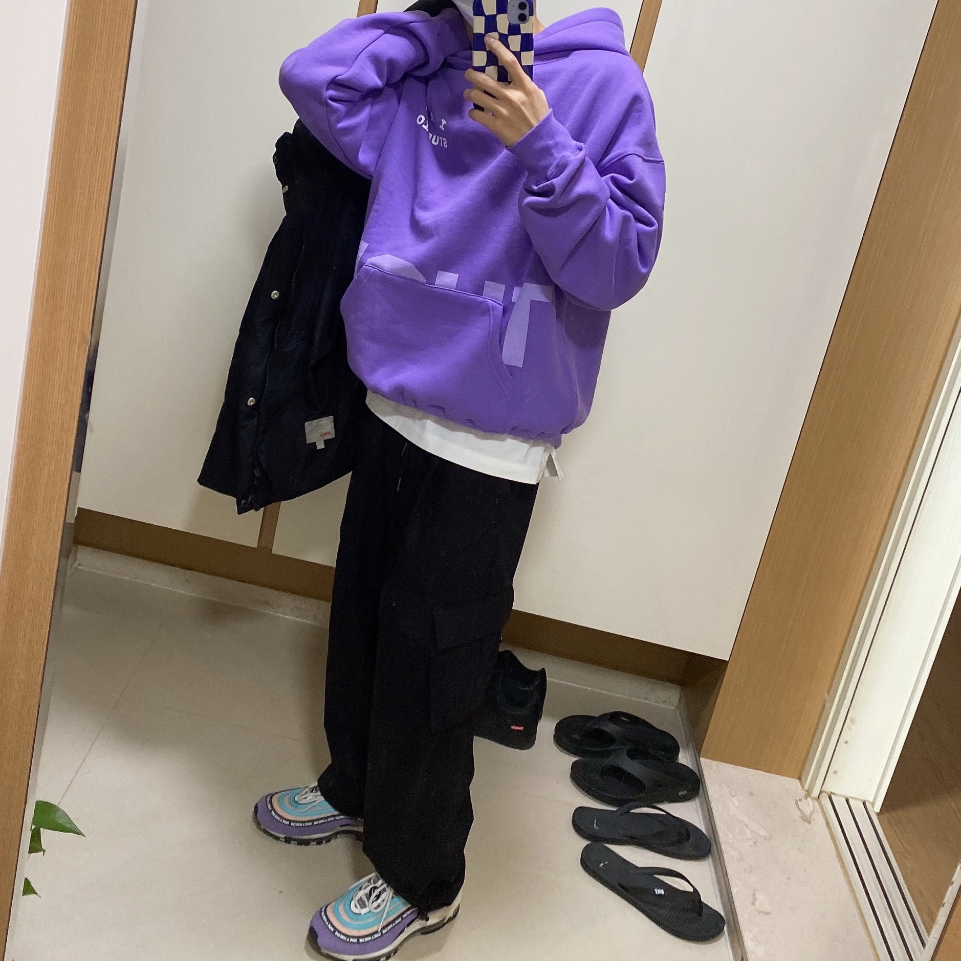 IAB Studio x Thor Hoodie Purple, Nike Air Max 97 Have a Nike Day 착용 스타일