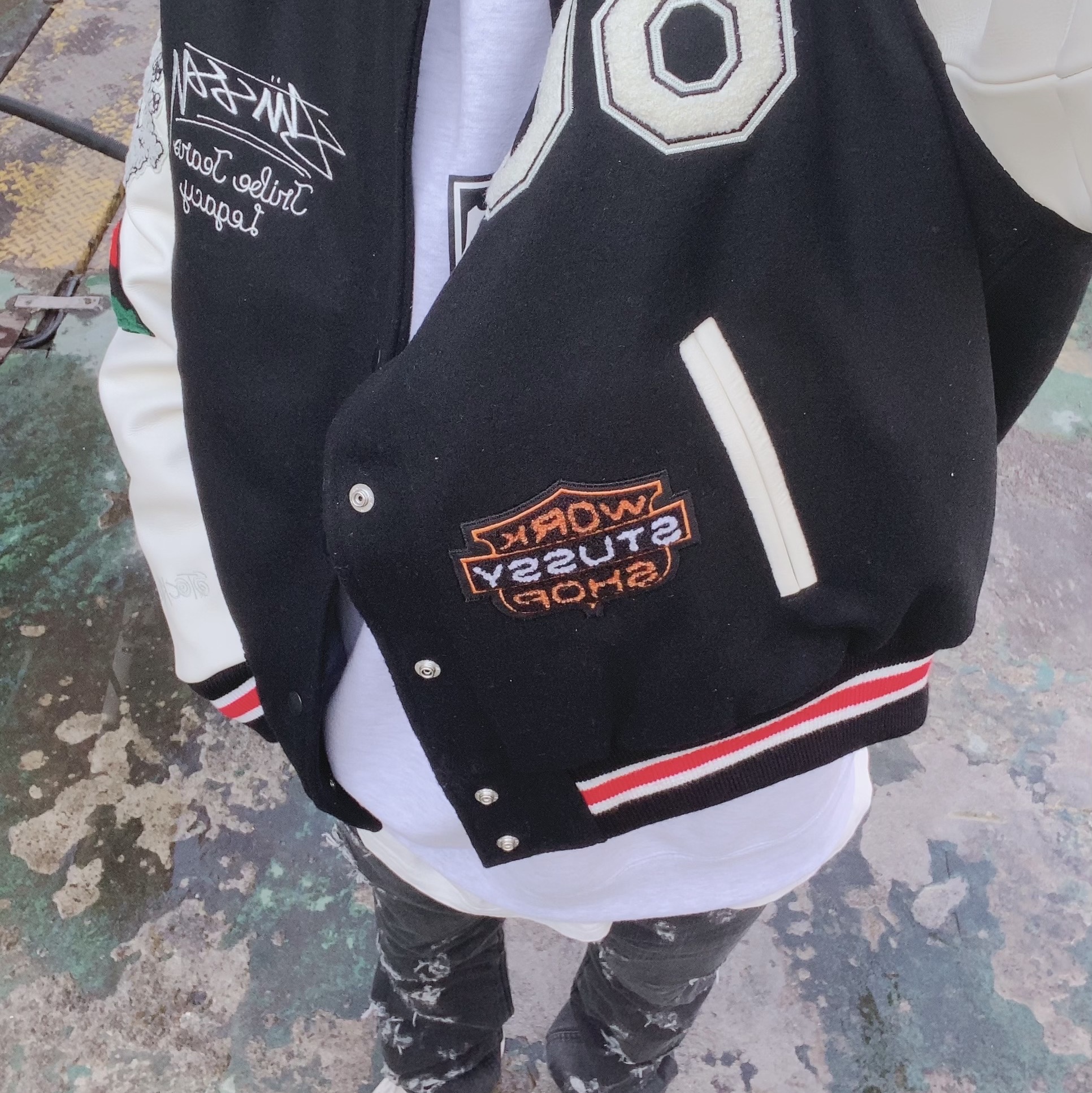 Stussy x Our Legacy x Denim Tears TTL Varsity Jacket Black 착용 스타일