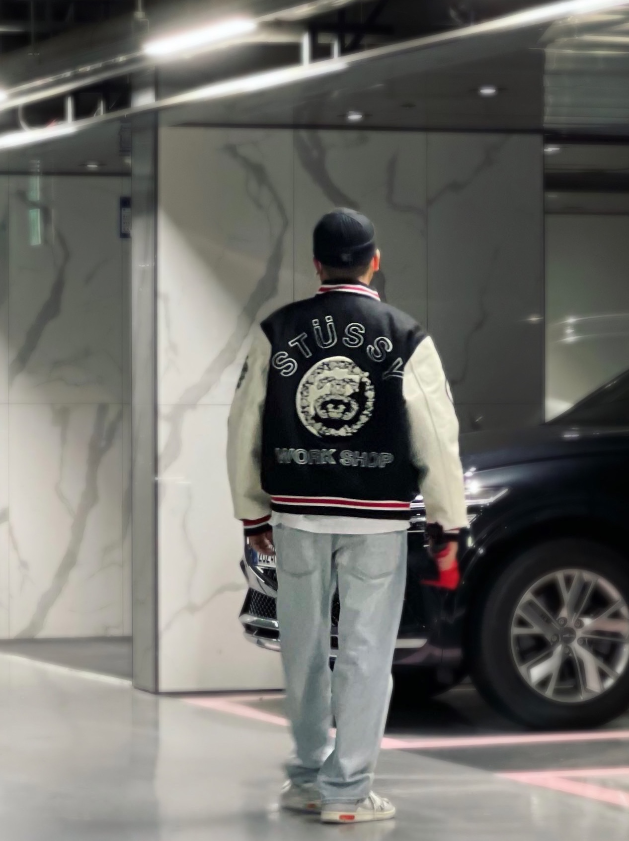 Stussy x Our Legacy x Denim Tears TTL Varsity Jacket Black, Nike x Off-White Dunk Low The 50 - Lot 46 착용 스타일 - 1