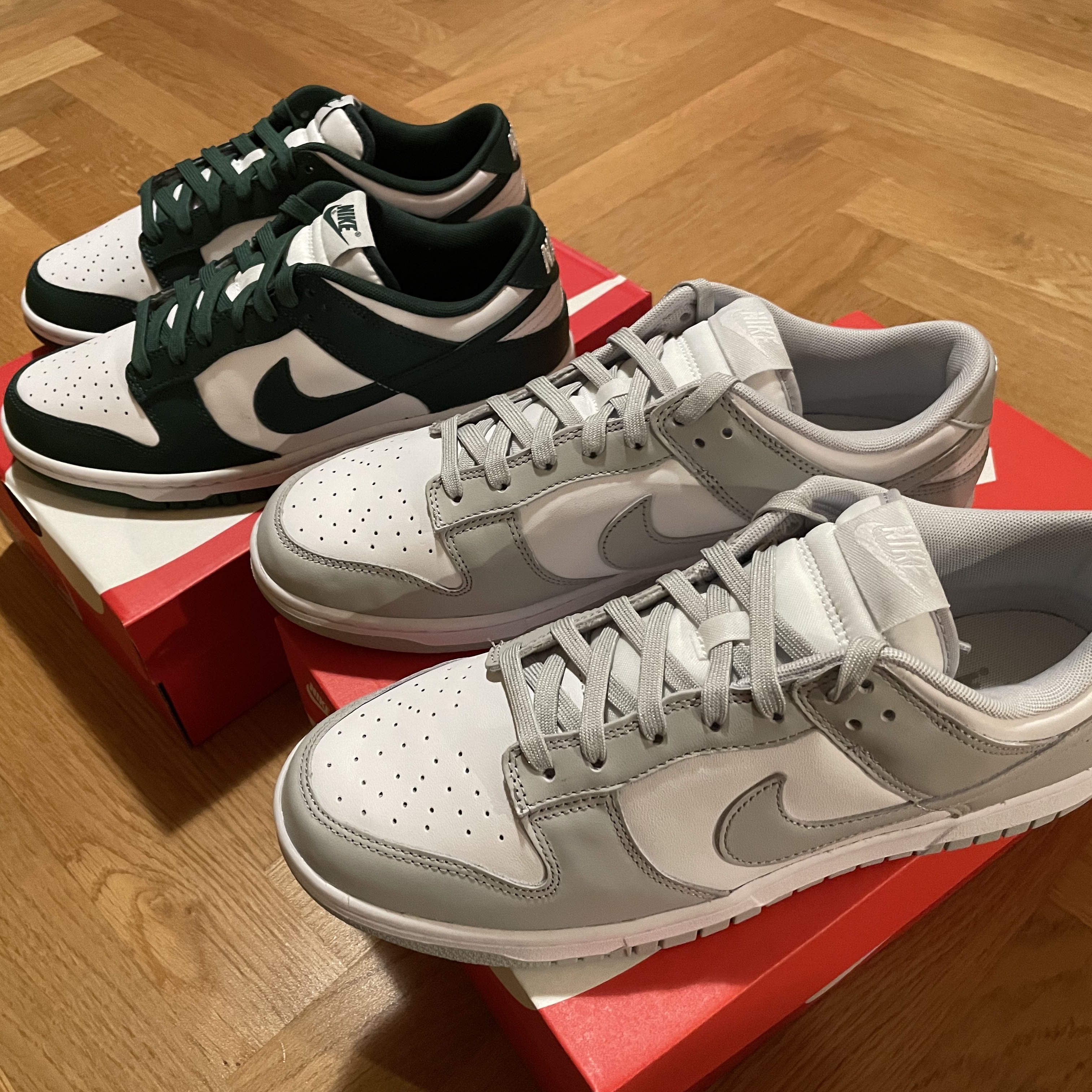 Nike Dunk Low Retro Grey Fog, Nike Dunk Low Retro Varsity Green 착용 스타일