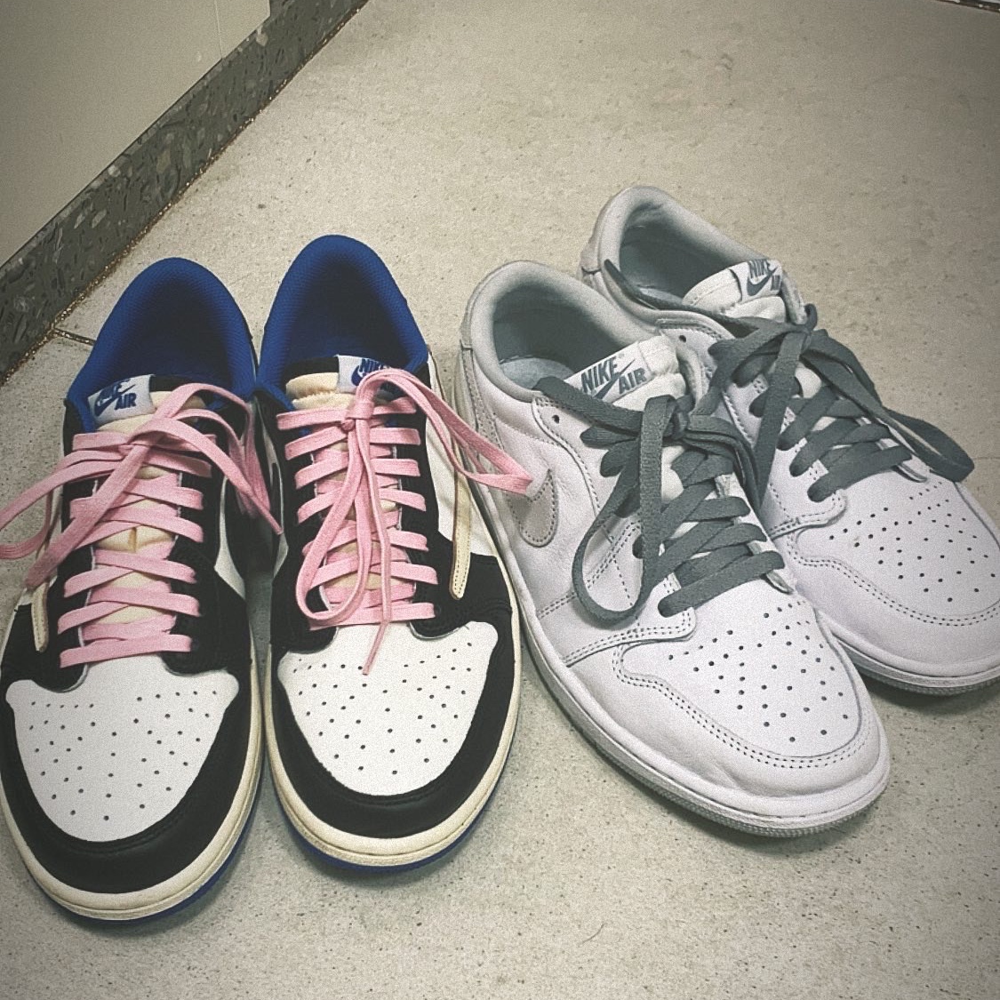 Jordan 1 x Travis Scott x Fragment Retro Low OG SP Military Blue, Jordan 1 Low OG Neutral Grey 착용 스타일