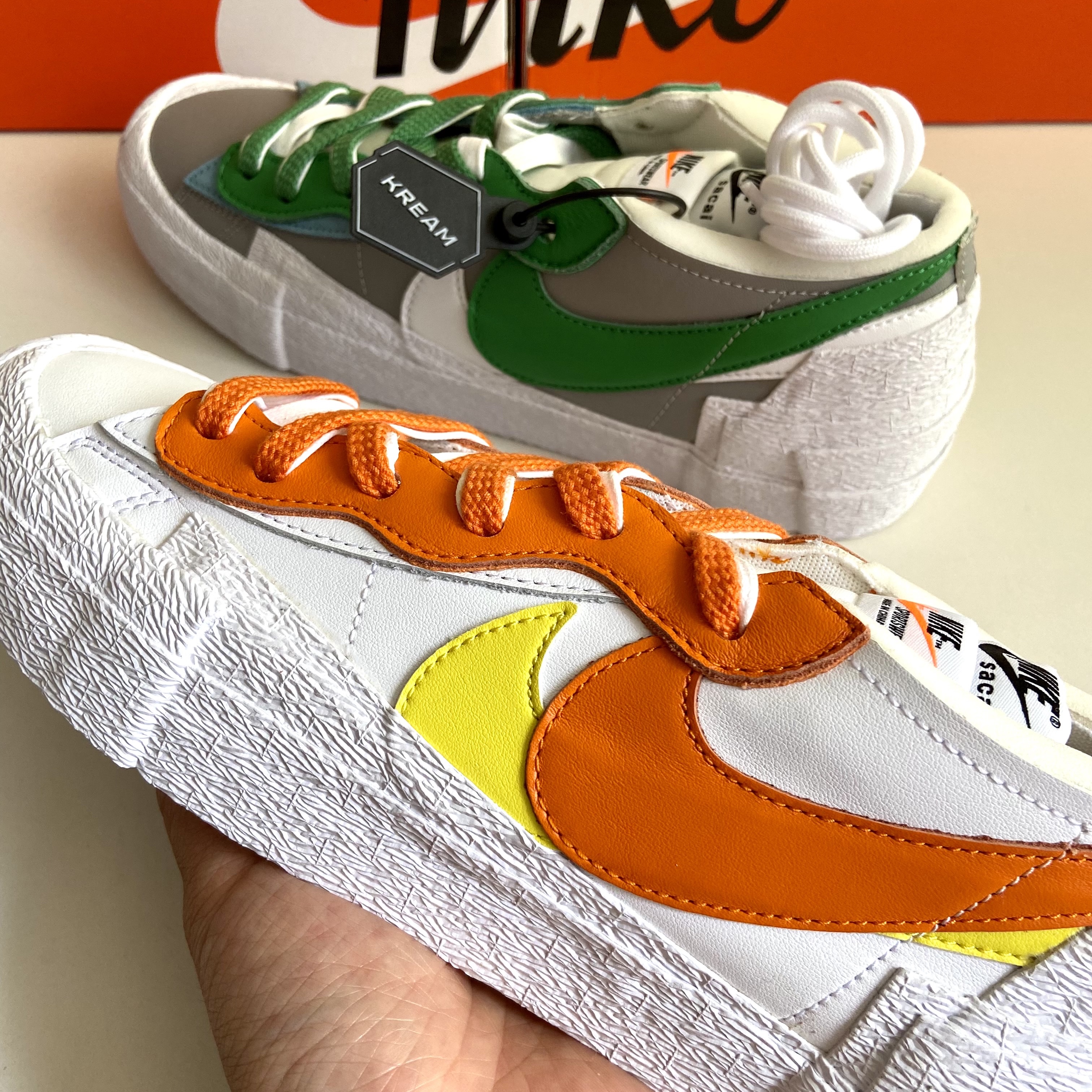 Nike x Sacai Blazer Low Classic Green, Nike x Sacai Blazer Low Magma Orange 착용 스타일