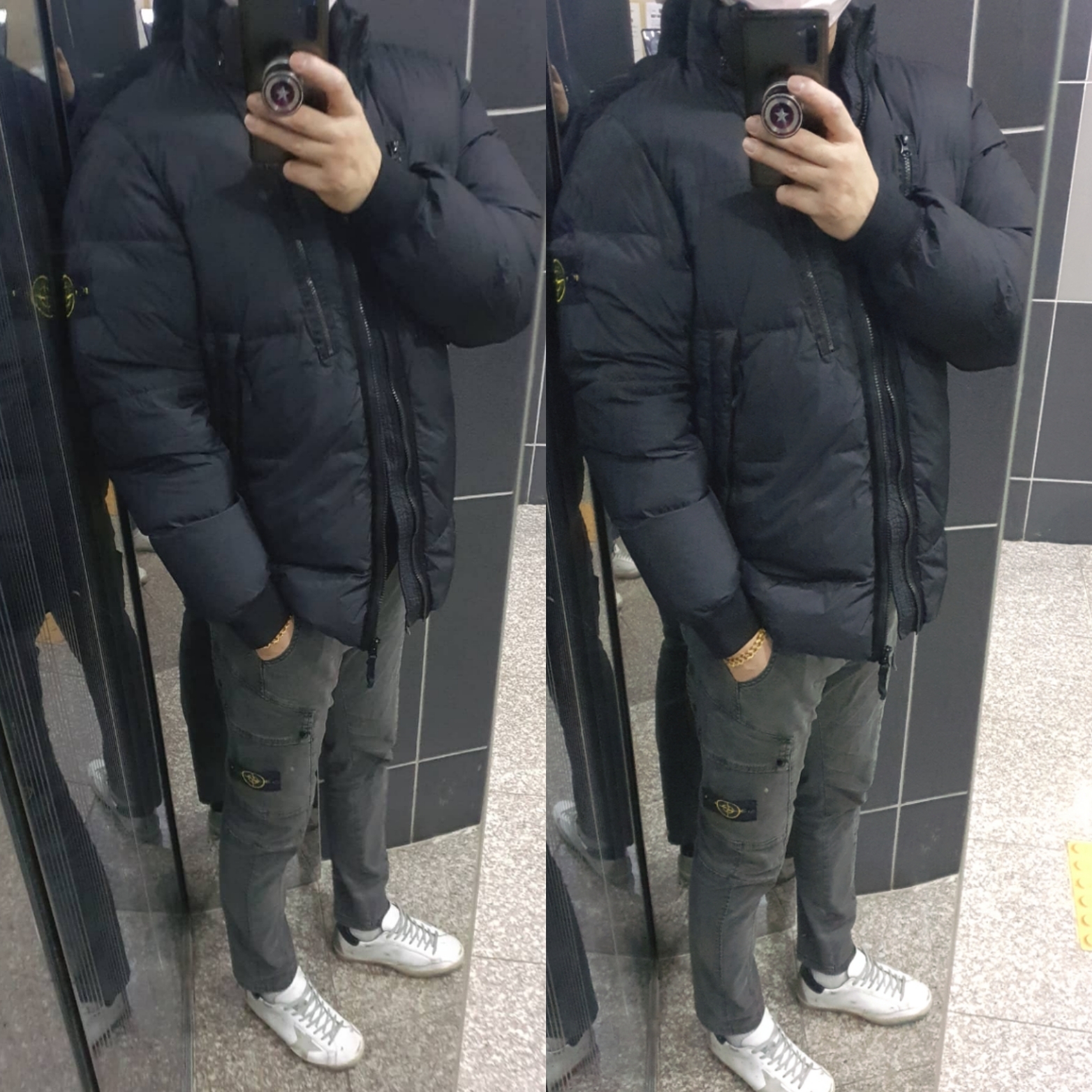 Stone Island 40223 Garment Dyed Crinkle Reps Down Jacket Black - 21FW, Golden Goose Superstar White Black Heel Tab Sneakers 착용 스타일