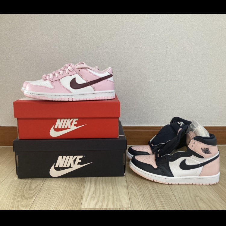 (GS) Nike Dunk Low Pink Foam, (W) Jordan 1 Retro High OG Atmosphere 착용 스타일