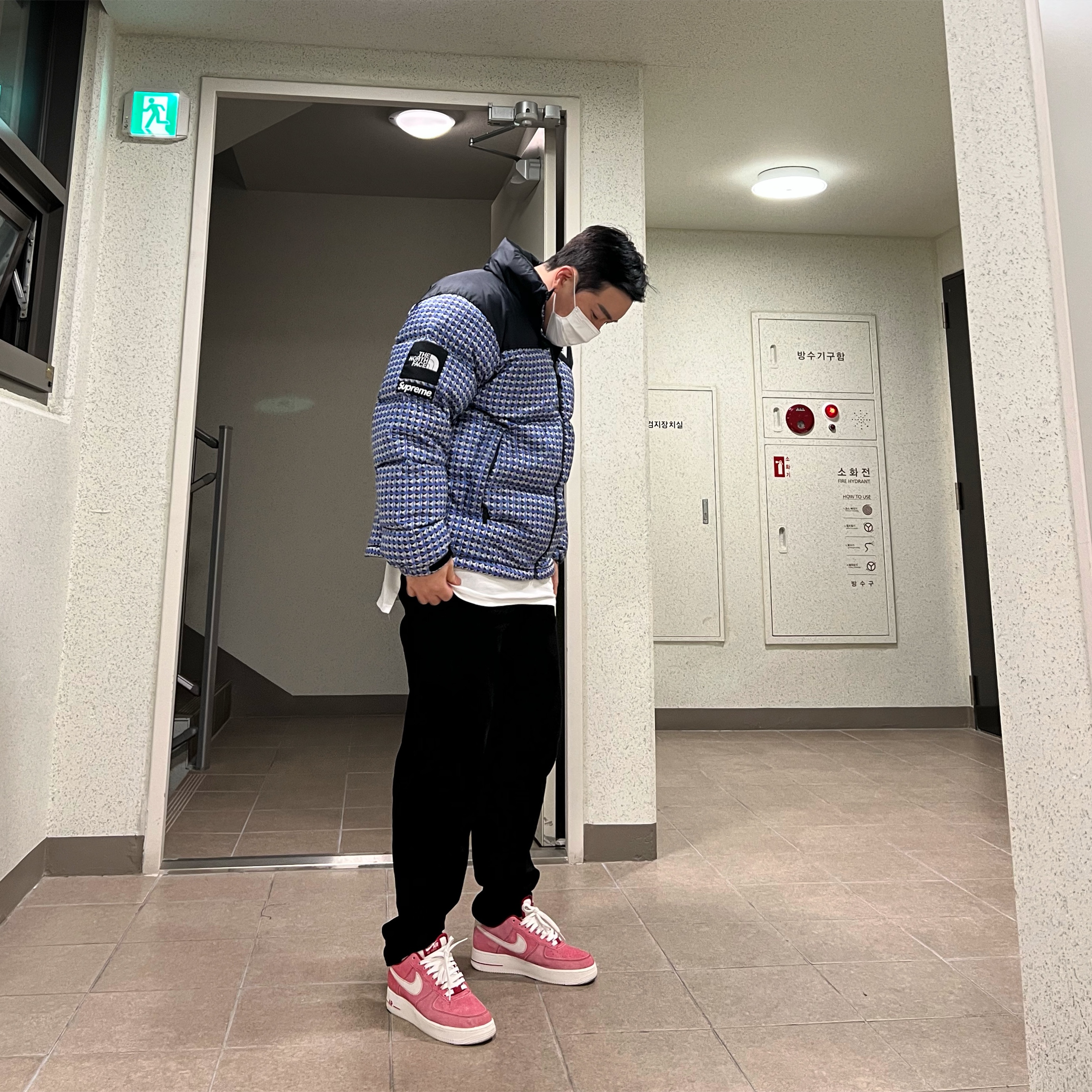 Nike Air Force 1 '07 LV8 Dusty Red, Supreme x The North Face Studded Nuptse Jacket Royal - 21SS 착용 스타일