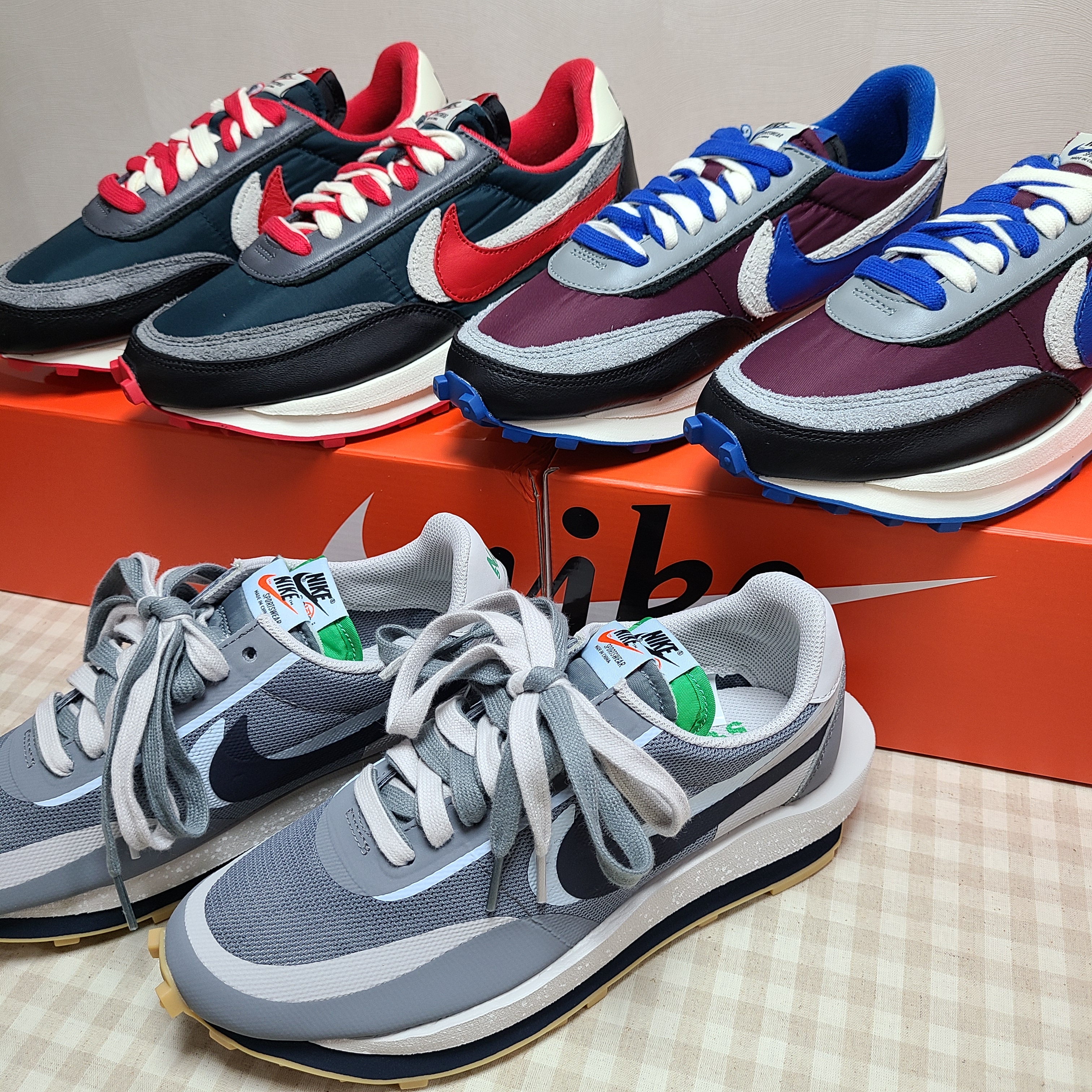 Nike x Sacai x Undercover LDWaffle Night Maroon Team Royal, Nike x Sacai x Clot LDWaffle Cool Grey 착용 스타일