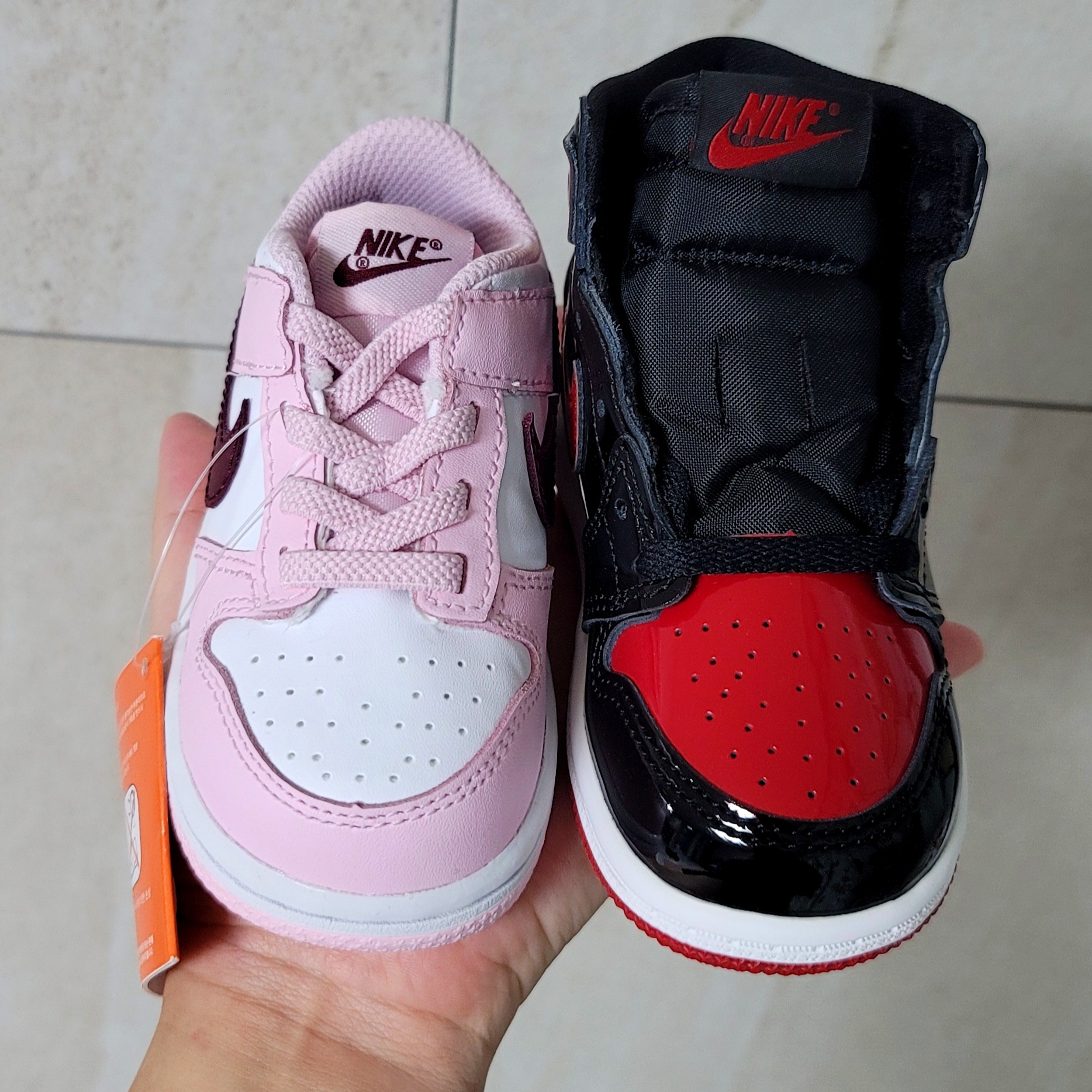 (TD) Jordan 1 Retro High OG Patent Bred, (TD) Nike Dunk Low Pink Foam 착용 스타일