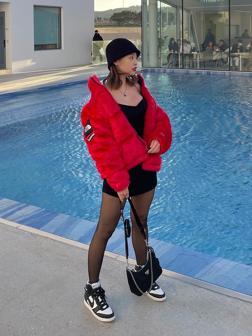 Supreme x The North Face Faux Fur Nuptse Jacket Red - 20FW, Nike x Ambush Dunk High Black 착용 스타일 - 1