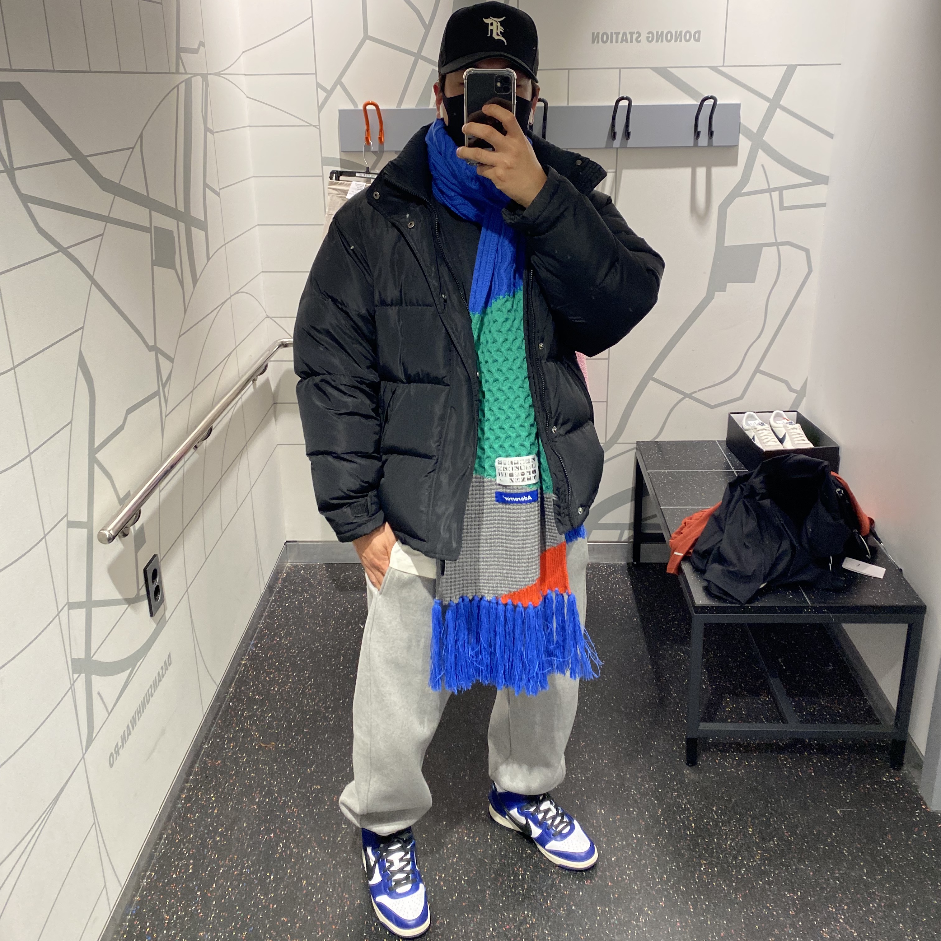 Nike x Ambush Dunk High Deep Royal Blue, Ader Error x Zara Scarf Blue 착용 스타일