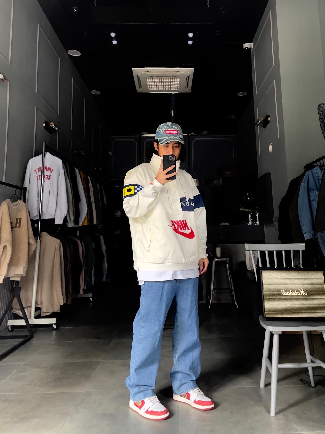 Jordan 1 Low SE Spades, Supreme Frayed Logos Denim Camp Cap Blue - 21SS 착용 스타일