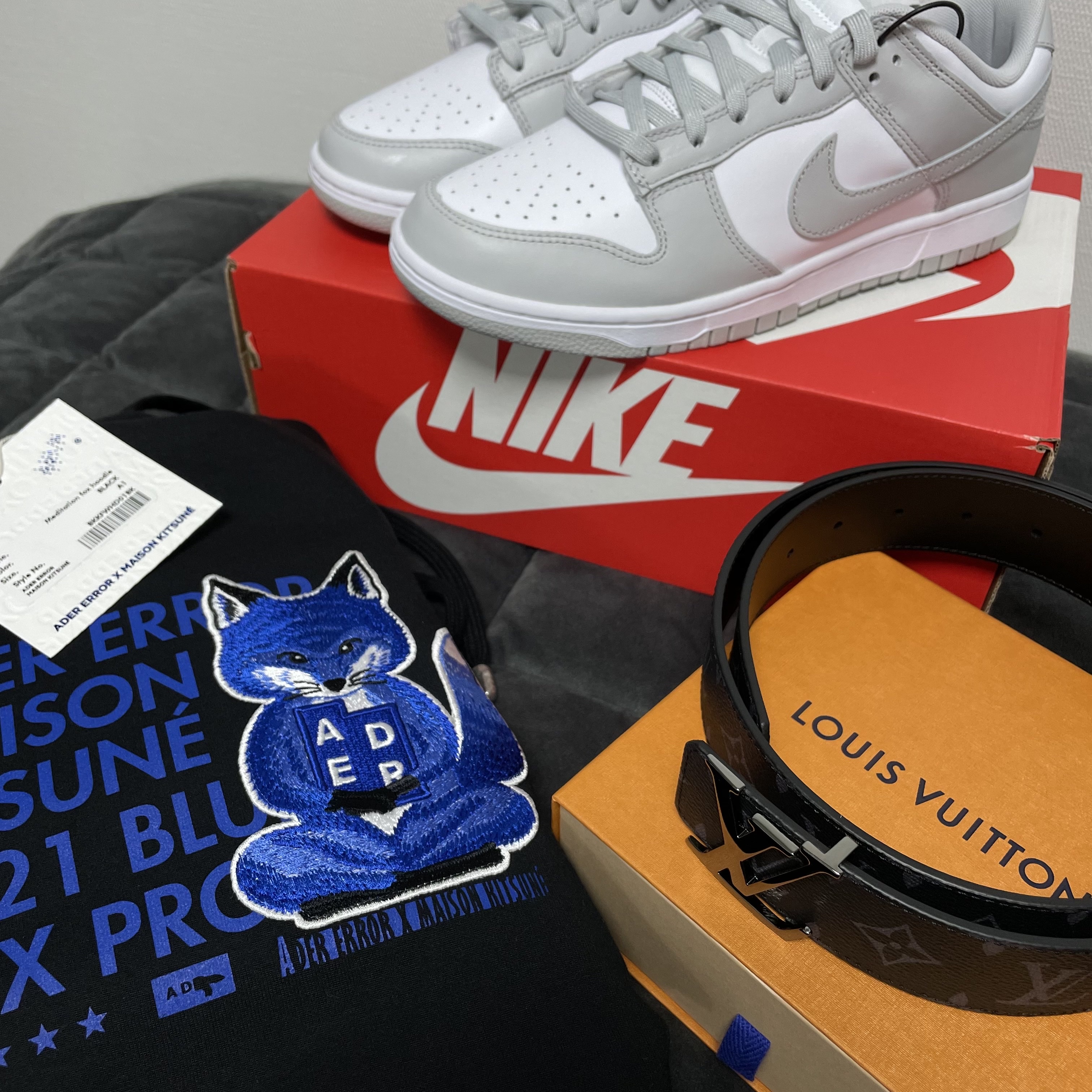 Maison Kitsune x Ader Error Meditation Fox Hoodie Black, Nike Dunk Low Retro Grey Fog 착용 스타일
